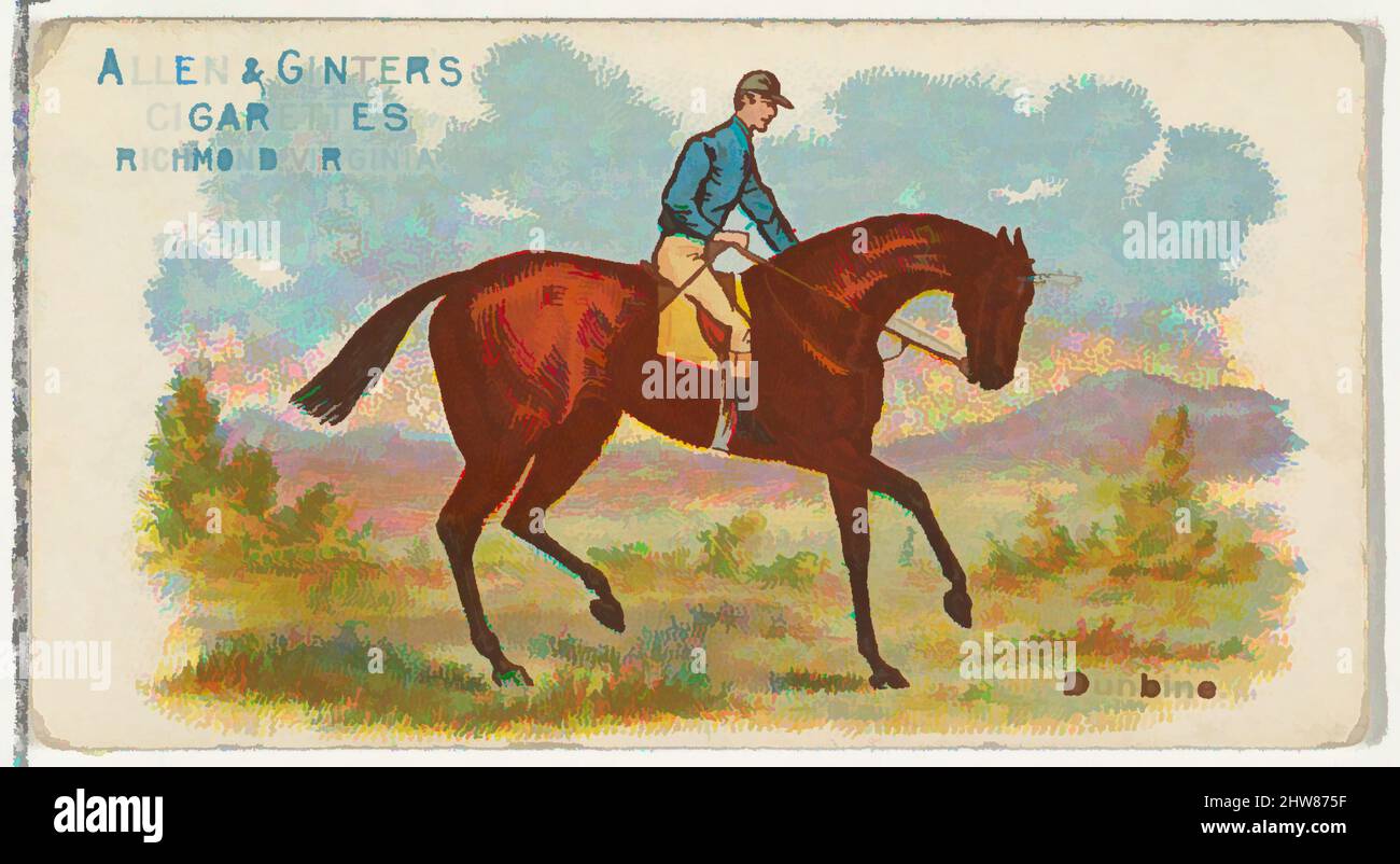 Art inspired by Dunbine, from The World's Racers series (N32) for Allen & Ginter Cigarettes, 1888, Commercial color lithograph, Sheet: 1 1/2 x 2 3/4 in. (3.8 x 7 cm), Trade cards from the 'The World's Racers' series (N32), issued in 1888 in a set of 50 cards to promote Allen & Ginter, Classic works modernized by Artotop with a splash of modernity. Shapes, color and value, eye-catching visual impact on art. Emotions through freedom of artworks in a contemporary way. A timeless message pursuing a wildly creative new direction. Artists turning to the digital medium and creating the Artotop NFT Stock Photo