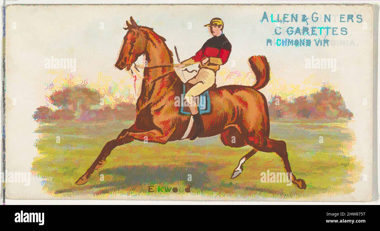 Art inspired by Elkwood, from The World's Racers series (N32) for Allen & Ginter Cigarettes, 1888, Commercial color lithograph, Sheet: 1 1/2 x 2 3/4 in. (3.8 x 7 cm), Trade cards from the 'The World's Racers' series (N32), issued in 1888 in a set of 50 cards to promote Allen & Ginter, Classic works modernized by Artotop with a splash of modernity. Shapes, color and value, eye-catching visual impact on art. Emotions through freedom of artworks in a contemporary way. A timeless message pursuing a wildly creative new direction. Artists turning to the digital medium and creating the Artotop NFT Stock Photo