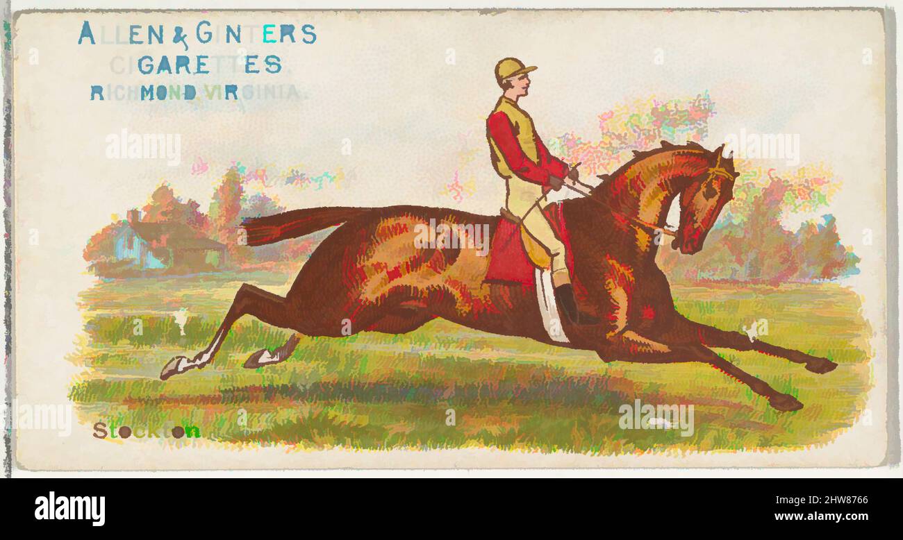 Art inspired by Stockton, from The World's Racers series (N32) for Allen & Ginter Cigarettes, 1888, Commercial color lithograph, Sheet: 1 1/2 x 2 3/4 in. (3.8 x 7 cm), Trade cards from the 'The World's Racers' series (N32), issued in 1888 in a set of 50 cards to promote Allen & Ginter, Classic works modernized by Artotop with a splash of modernity. Shapes, color and value, eye-catching visual impact on art. Emotions through freedom of artworks in a contemporary way. A timeless message pursuing a wildly creative new direction. Artists turning to the digital medium and creating the Artotop NFT Stock Photo
