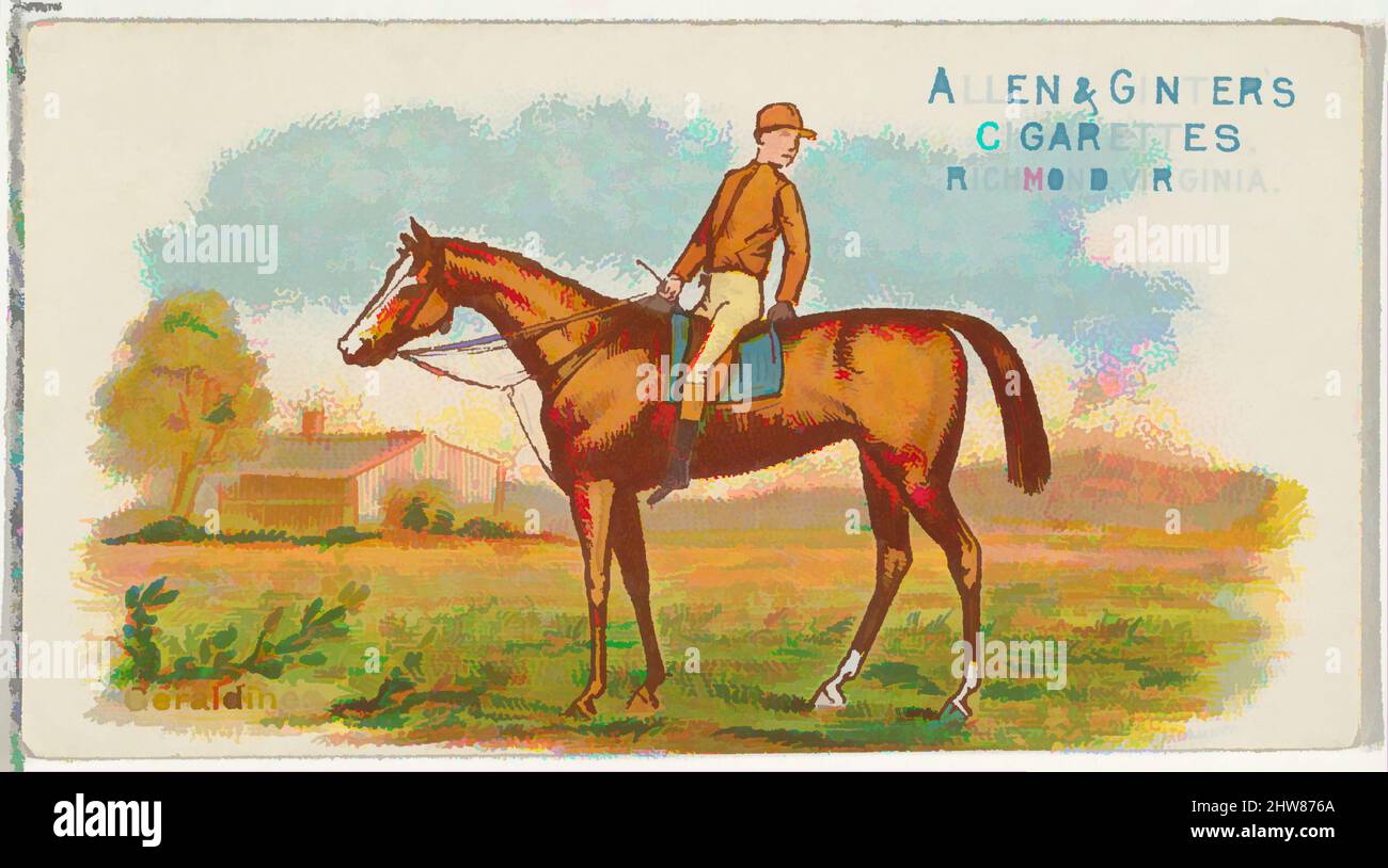 Art inspired by Geraldine, from The World's Racers series (N32) for Allen & Ginter Cigarettes, 1888, Commercial color lithograph, Sheet: 1 1/2 x 2 3/4 in. (3.8 x 7 cm), Trade cards from the 'The World's Racers' series (N32), issued in 1888 in a set of 50 cards to promote Allen & Ginter, Classic works modernized by Artotop with a splash of modernity. Shapes, color and value, eye-catching visual impact on art. Emotions through freedom of artworks in a contemporary way. A timeless message pursuing a wildly creative new direction. Artists turning to the digital medium and creating the Artotop NFT Stock Photo