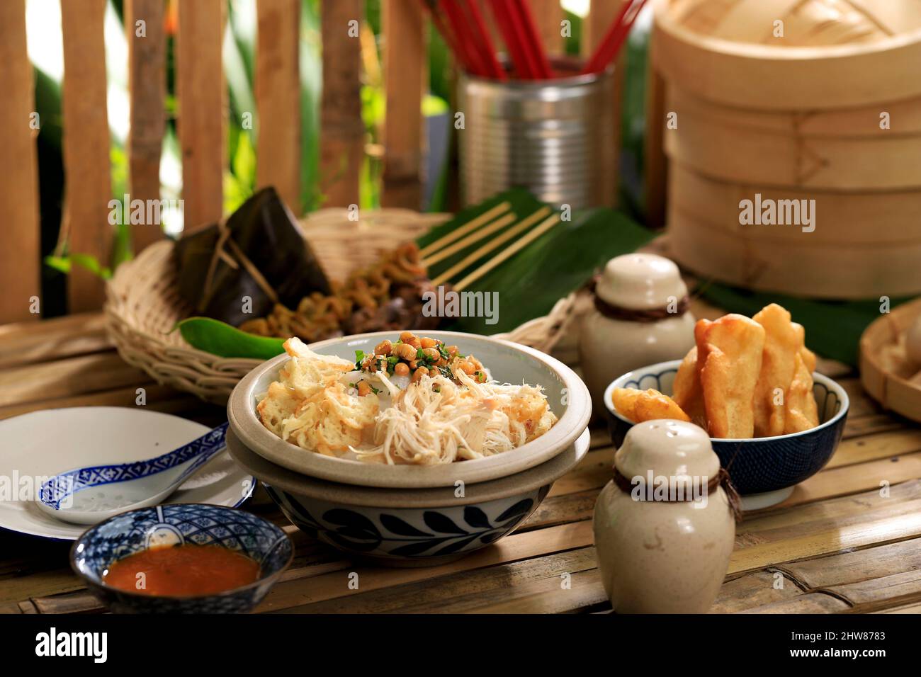 Bubur Ayam Komplit, Indonesian Chicken Congee with Chinese Influence, Popular for Breakfast Stock Photo