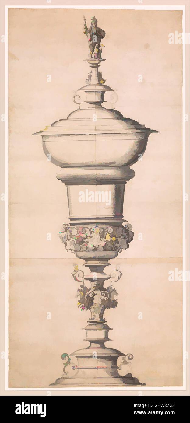 Art inspired by Design for a Large Goblet, ca. 1570–80, Pen and black ink, washes in several grey tones, Sheet: 30 3/8 x 13 9/16 in. (77.2 x 34.5 cm), Attributed to Jost Amman (Swiss, Zurich before 1539–1591 Nuremberg), The southern part of modern-day Germany was an important center, Classic works modernized by Artotop with a splash of modernity. Shapes, color and value, eye-catching visual impact on art. Emotions through freedom of artworks in a contemporary way. A timeless message pursuing a wildly creative new direction. Artists turning to the digital medium and creating the Artotop NFT Stock Photo