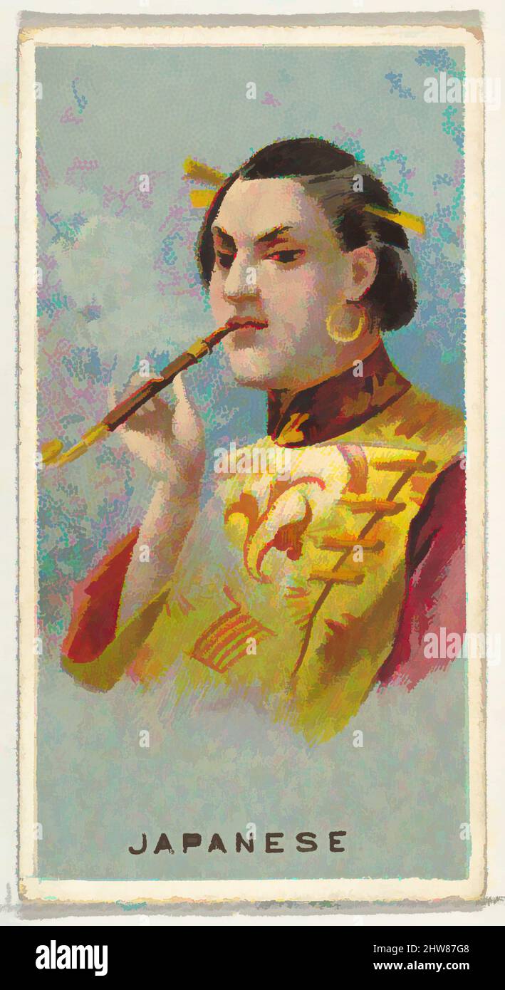 Art inspired by Japanese, from World's Smokers series (N33) for Allen & Ginter Cigarettes, 1888, Commercial color lithograph, Sheet: 2 3/4 x 1 1/2 in. (7 x 3.8 cm), Trade cards from the 'World's Smokers' series (N33), issued in 1888 in a set of 50 cards to promote Allen & Ginter brand, Classic works modernized by Artotop with a splash of modernity. Shapes, color and value, eye-catching visual impact on art. Emotions through freedom of artworks in a contemporary way. A timeless message pursuing a wildly creative new direction. Artists turning to the digital medium and creating the Artotop NFT Stock Photo