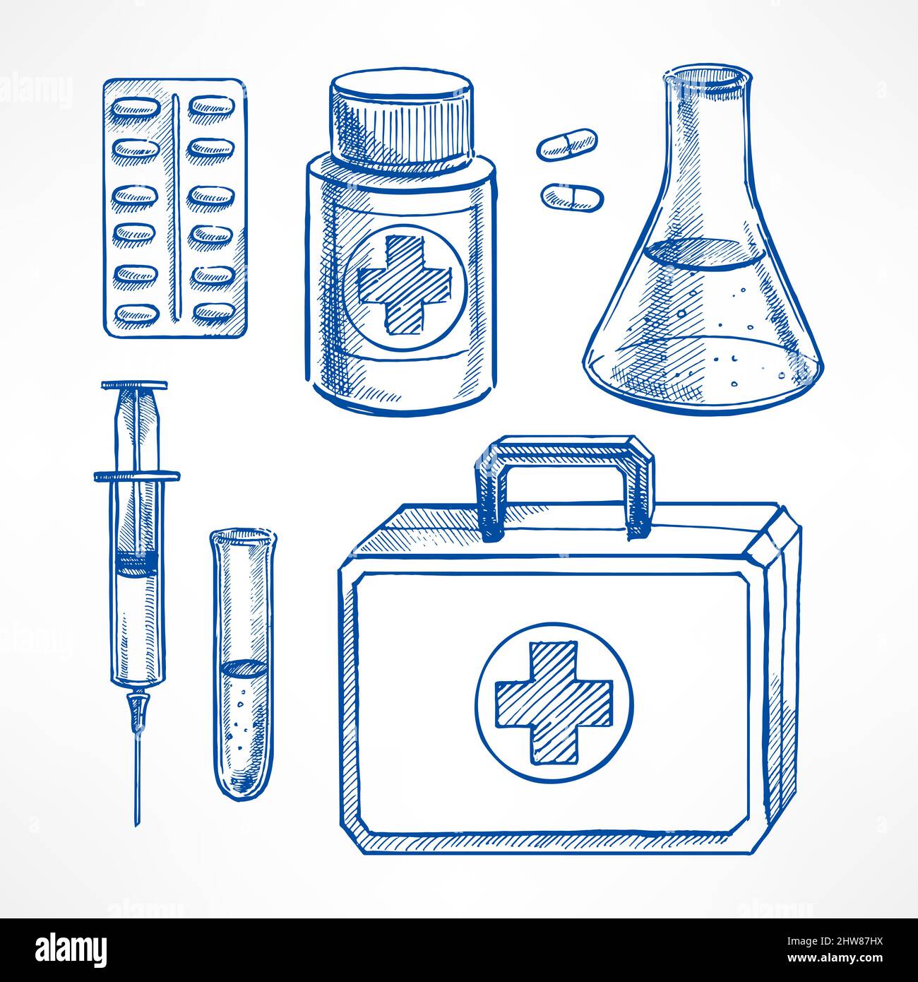 Set with sketch medical supplies. pills, syringe, bulb. handdrawn