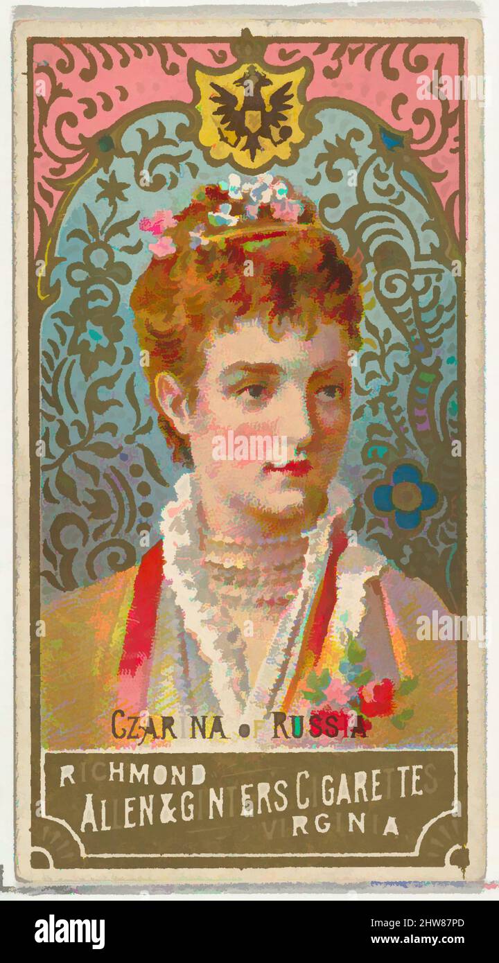 Art inspired by Czarina of Russia, from World's Sovereigns series (N34) for Allen & Ginter Cigarettes, 1889, Commercial color lithograph, Sheet: 2 3/4 x 1 1/2 in. (7 x 3.8 cm), Trade cards from the 'World's Sovereigns' series (N34), issued in 1889 in a set of 50 cards to promote Allen, Classic works modernized by Artotop with a splash of modernity. Shapes, color and value, eye-catching visual impact on art. Emotions through freedom of artworks in a contemporary way. A timeless message pursuing a wildly creative new direction. Artists turning to the digital medium and creating the Artotop NFT Stock Photo