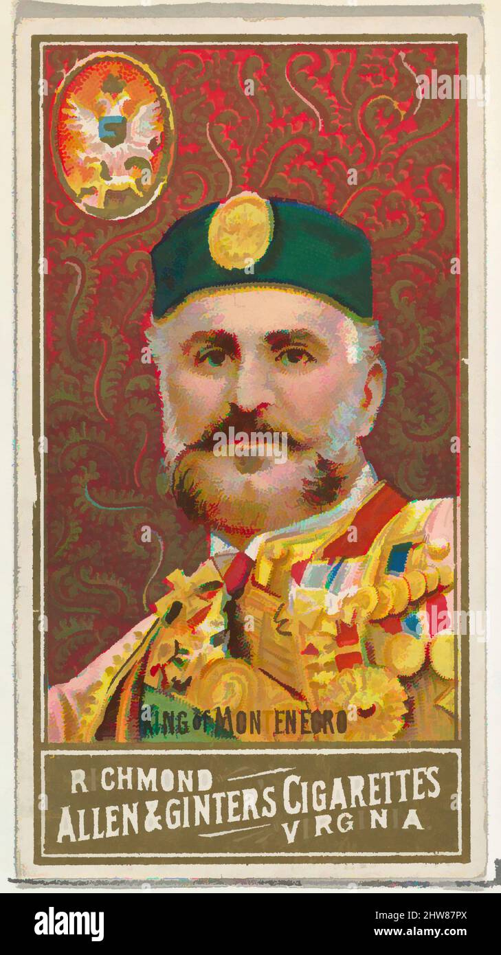 Art inspired by King of Montenegro, from World's Sovereigns series (N34) for Allen & Ginter Cigarettes, 1889, Commercial color lithograph, Sheet: 2 3/4 x 1 1/2 in. (7 x 3.8 cm), Trade cards from the 'World's Sovereigns' series (N34), issued in 1889 in a set of 50 cards to promote Allen, Classic works modernized by Artotop with a splash of modernity. Shapes, color and value, eye-catching visual impact on art. Emotions through freedom of artworks in a contemporary way. A timeless message pursuing a wildly creative new direction. Artists turning to the digital medium and creating the Artotop NFT Stock Photo