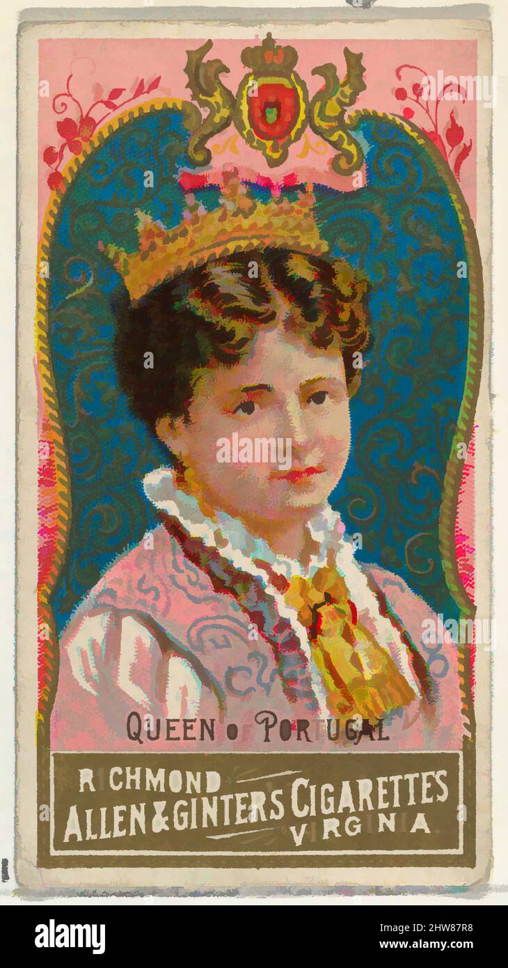 Art inspired by Queen of Portugal, from World's Sovereigns series (N34) for Allen & Ginter Cigarettes, 1889, Commercial color lithograph, Sheet: 2 3/4 x 1 1/2 in. (7 x 3.8 cm), Trade cards from the 'World's Sovereigns' series (N34), issued in 1889 in a set of 50 cards to promote Allen, Classic works modernized by Artotop with a splash of modernity. Shapes, color and value, eye-catching visual impact on art. Emotions through freedom of artworks in a contemporary way. A timeless message pursuing a wildly creative new direction. Artists turning to the digital medium and creating the Artotop NFT Stock Photo