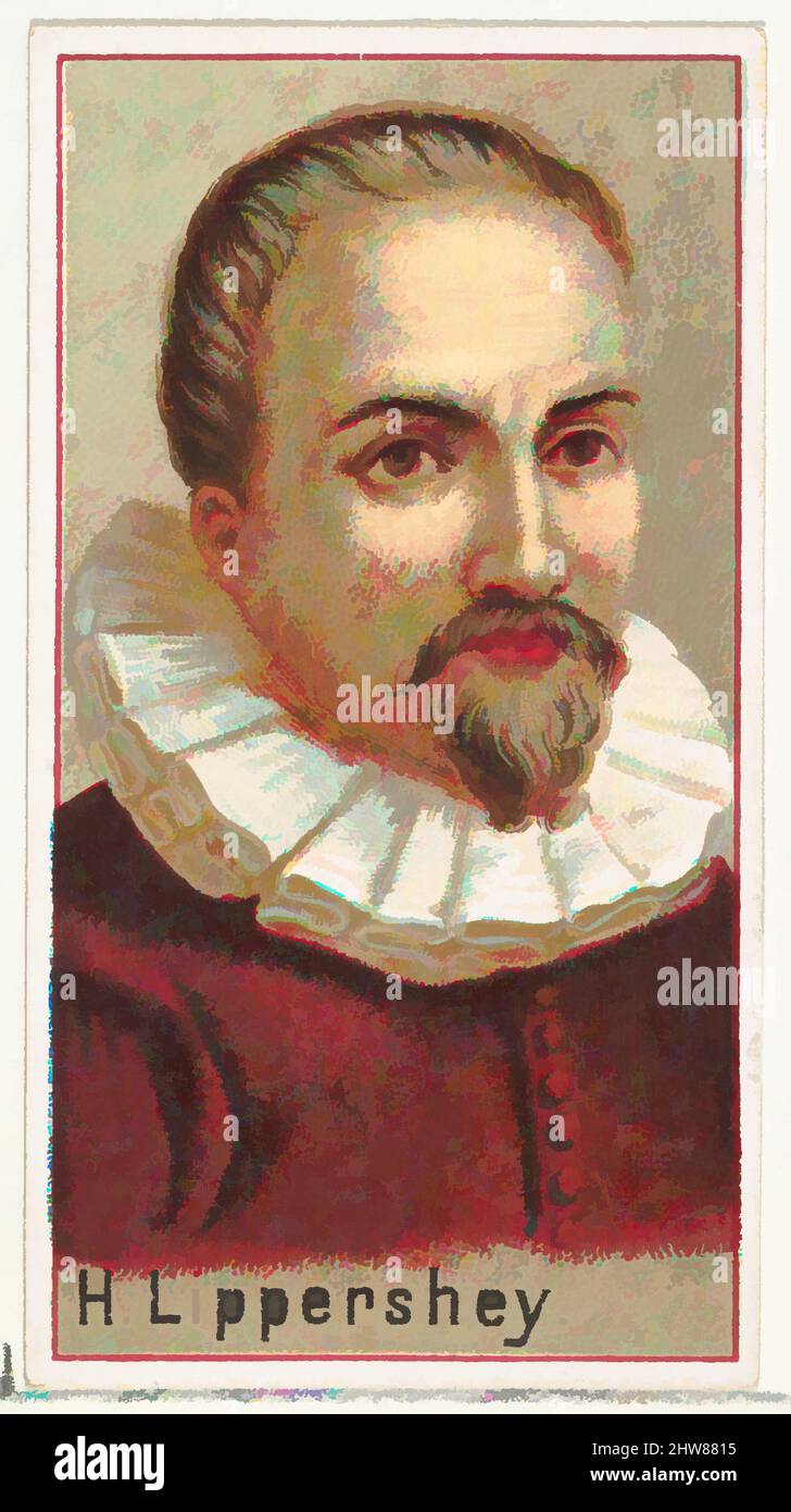 Art inspired by H. Lippershey, printer's sample for the World's Inventors souvenir album (A25) for Allen & Ginter Cigarettes, 1888, Commercial color lithograph, Sheet: 2 3/4 x 1 1/2 in. (7 x 3.8 cm), Printer's samples for the collector's album 'World's Inventors' (A25), issued in 1888, Classic works modernized by Artotop with a splash of modernity. Shapes, color and value, eye-catching visual impact on art. Emotions through freedom of artworks in a contemporary way. A timeless message pursuing a wildly creative new direction. Artists turning to the digital medium and creating the Artotop NFT Stock Photo