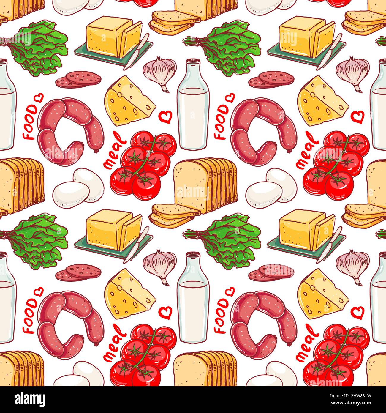 Seamless red and white background with different food Stock Vector ...