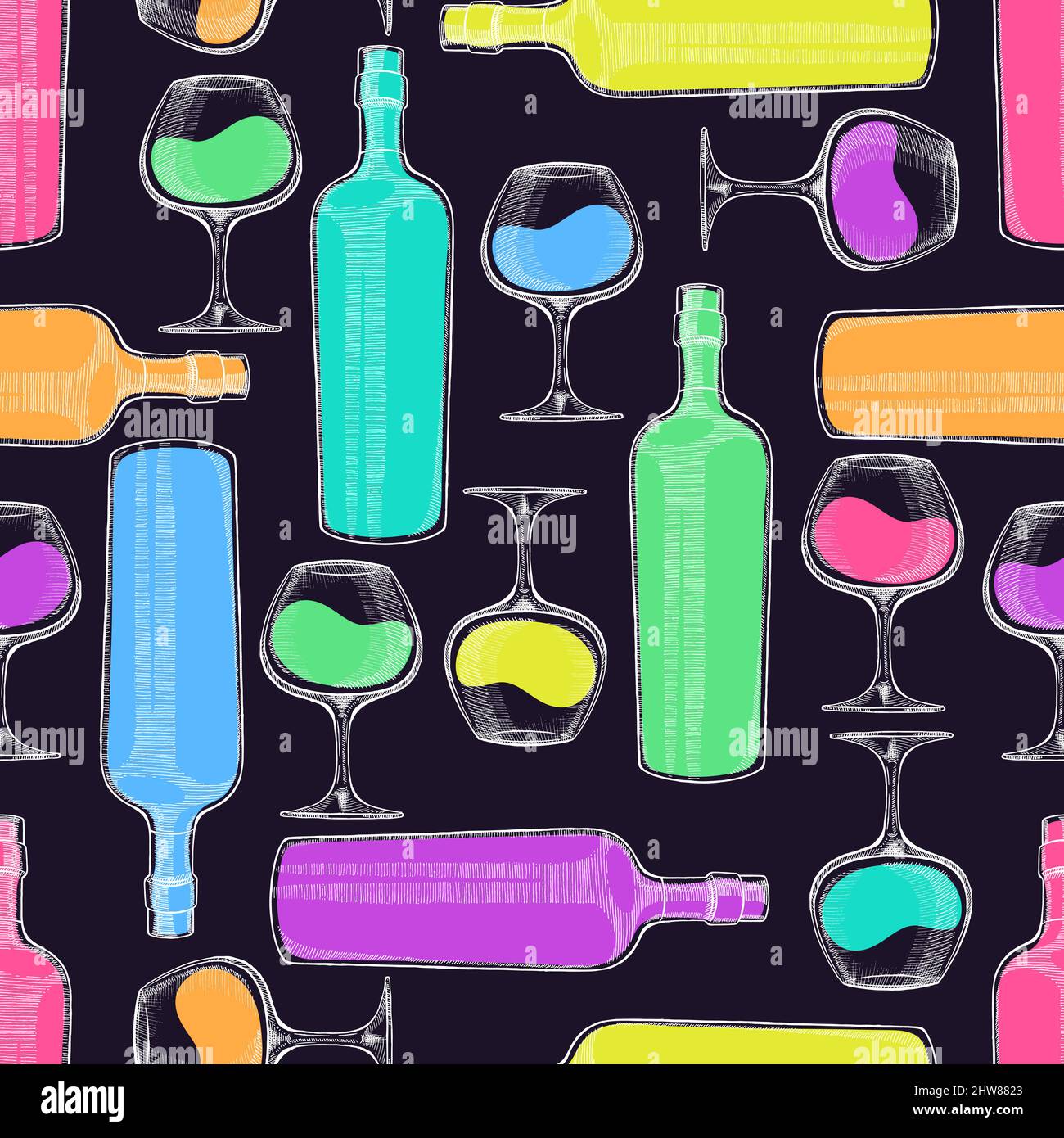 Beautiful seamless pattern of wine bottles and glasses on a black ...
