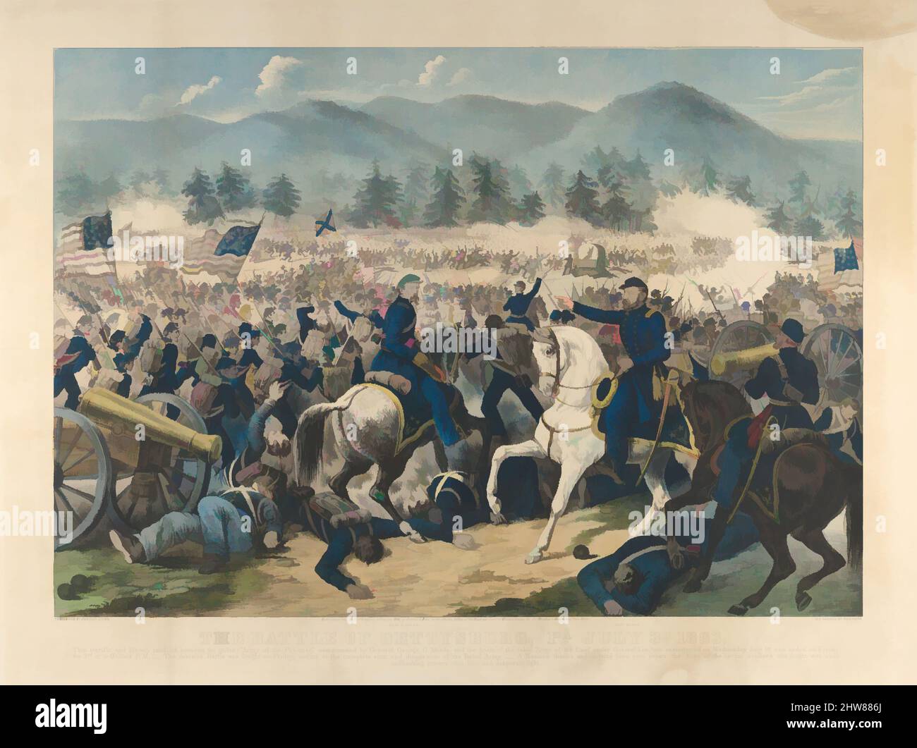 Art inspired by The Battle of Gettysburg, Pa., July 3rd, 1863, 1863, Hand-colored lithograph with blue tint stone, Image: 15 11/16 x 22 3/8 in. (39.8 x 56.8 cm), Prints, The New York lithographer-publisher Currier & Ives issued this print soon after the Battle of Gettysburg to, Classic works modernized by Artotop with a splash of modernity. Shapes, color and value, eye-catching visual impact on art. Emotions through freedom of artworks in a contemporary way. A timeless message pursuing a wildly creative new direction. Artists turning to the digital medium and creating the Artotop NFT Stock Photo