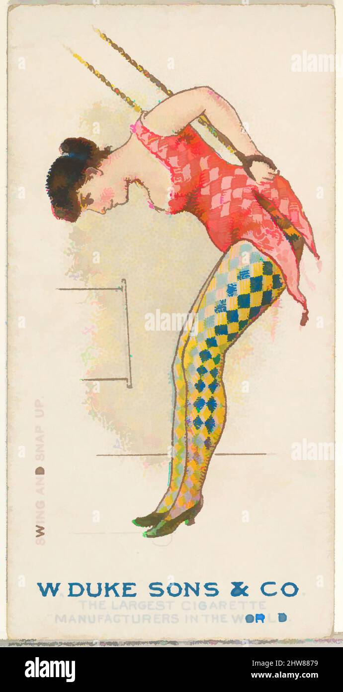 Art inspired by Swing and Snap Up, from the Gymnastic Exercises series (N77) for Duke brand cigarettes, 1887, Commercial color lithograph, Sheet: 2 3/4 x 1 1/2 in. (7 x 3.8 cm), Trade cards from the 'Gymnastic Exercises' series (N77), issued in a set of 25 cards in 1887 to promote W, Classic works modernized by Artotop with a splash of modernity. Shapes, color and value, eye-catching visual impact on art. Emotions through freedom of artworks in a contemporary way. A timeless message pursuing a wildly creative new direction. Artists turning to the digital medium and creating the Artotop NFT Stock Photo