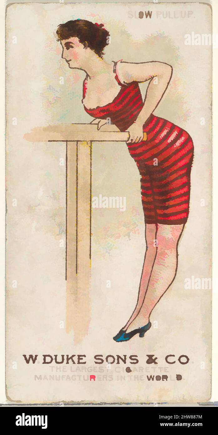 Art inspired by Slow Pull Up, from the Gymnastic Exercises series (N77) for Duke brand cigarettes, 1887, Commercial color lithograph, Sheet: 2 3/4 x 1 1/2 in. (7 x 3.8 cm), Trade cards from the 'Gymnastic Exercises' series (N77), issued in a set of 25 cards in 1887 to promote W. Duke, Classic works modernized by Artotop with a splash of modernity. Shapes, color and value, eye-catching visual impact on art. Emotions through freedom of artworks in a contemporary way. A timeless message pursuing a wildly creative new direction. Artists turning to the digital medium and creating the Artotop NFT Stock Photo