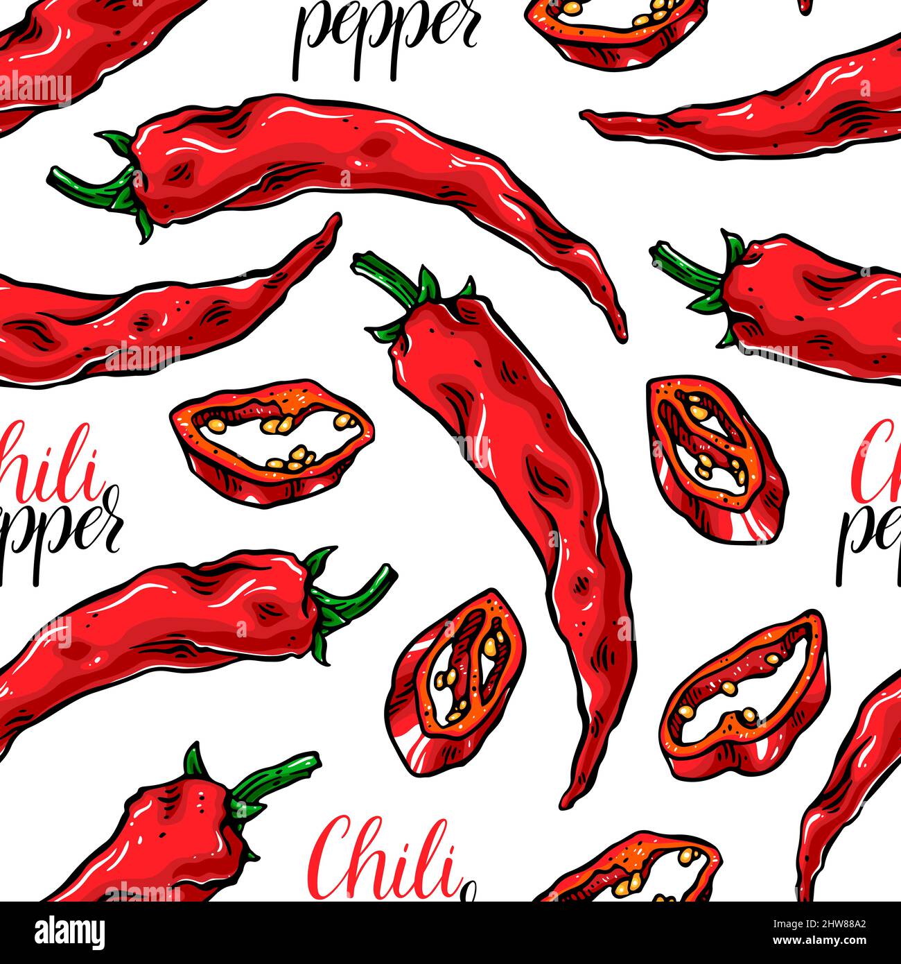 cute seamless background of different chili peppers. hand-drawn illustration Stock Vector