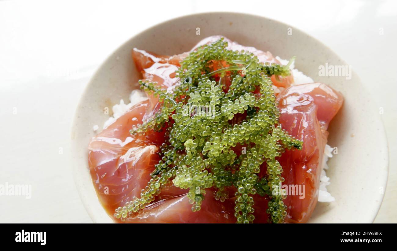 Closeup shot of appetizing rice served with fish and seaweed in the ...