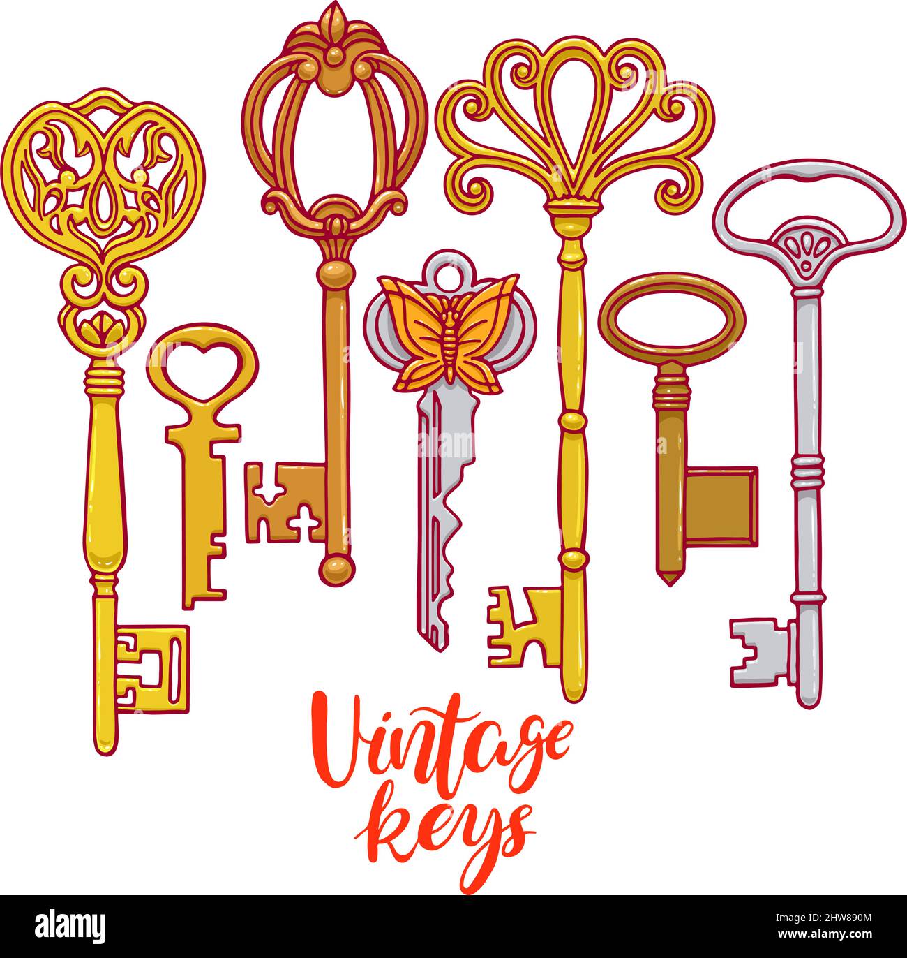 Beautiful set of different vintage keys. handdrawn illustration Stock