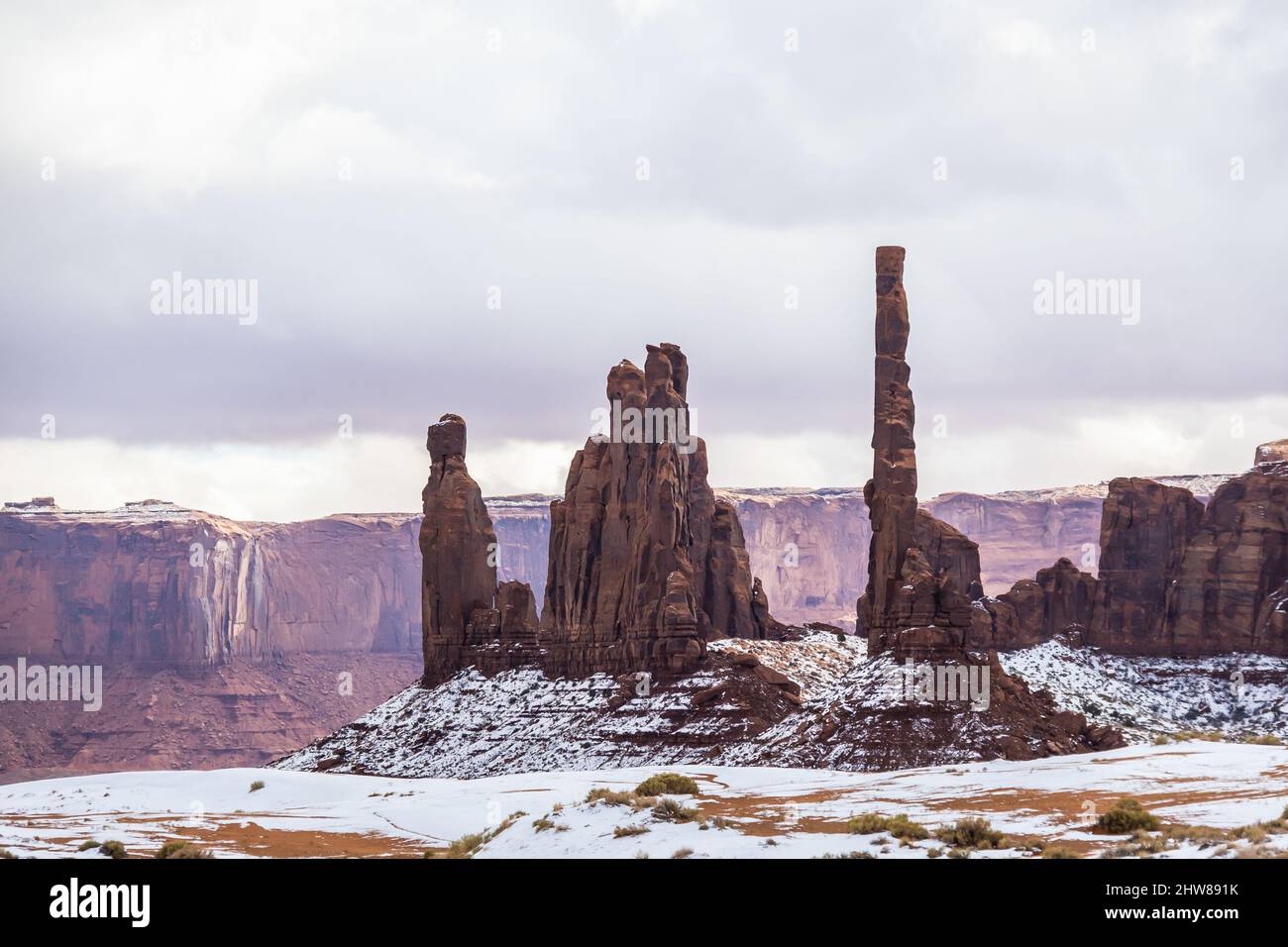 Classic southwest desert landscape with snow on the ground in Monument Valley in Arizona and Utah. Stock Photo