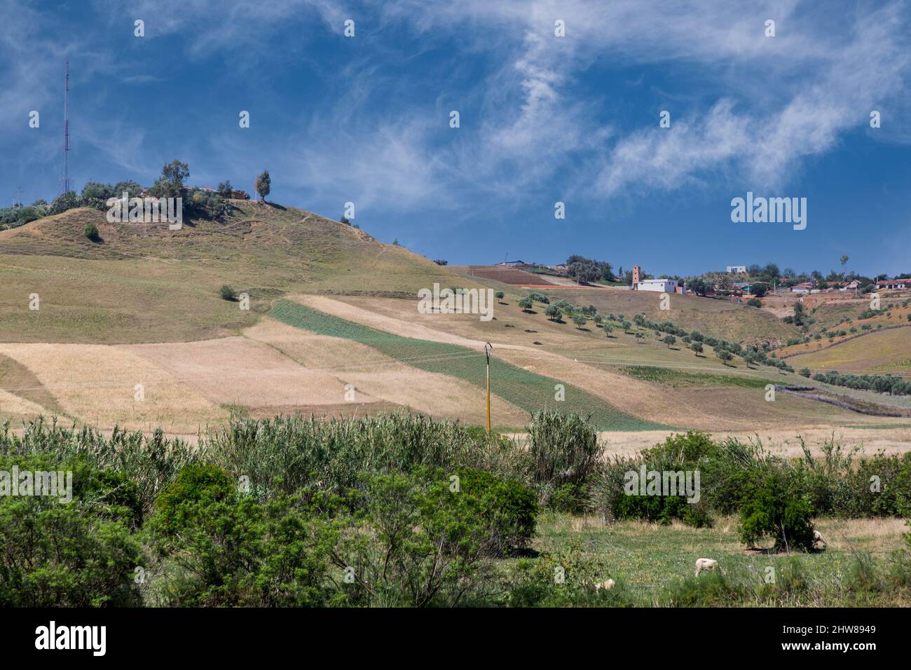 Rif Countryside, Northern Morocco.  Communications Relay Tower, Village, Farmland. Stock Photo