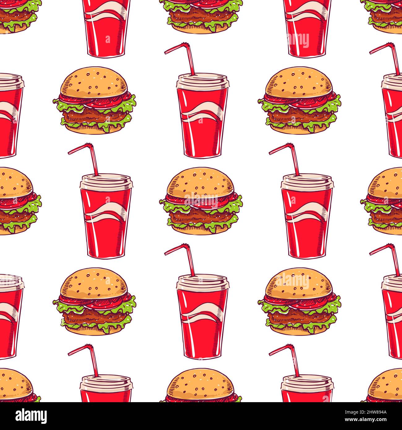 seamless background with appetizing burgers and drinks Stock Vector ...