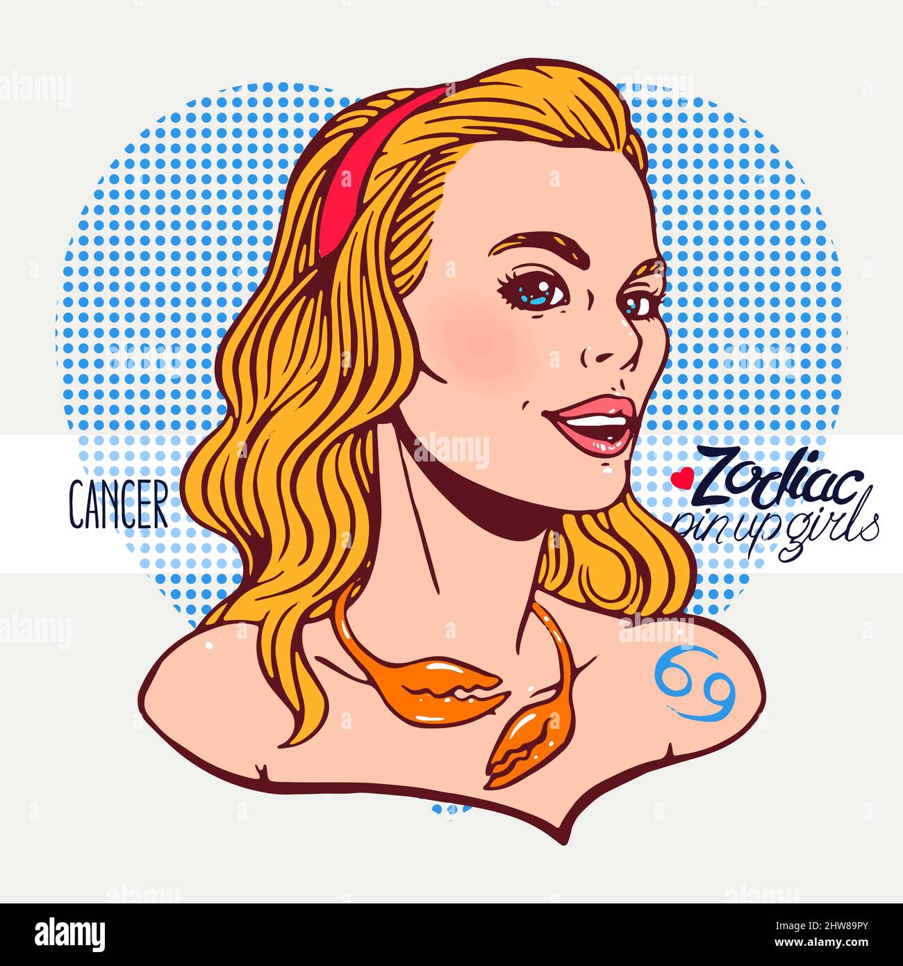Zodiac signs - Cancer as a girl in the style of pin-up. Hand-drawn illustration Stock Vector