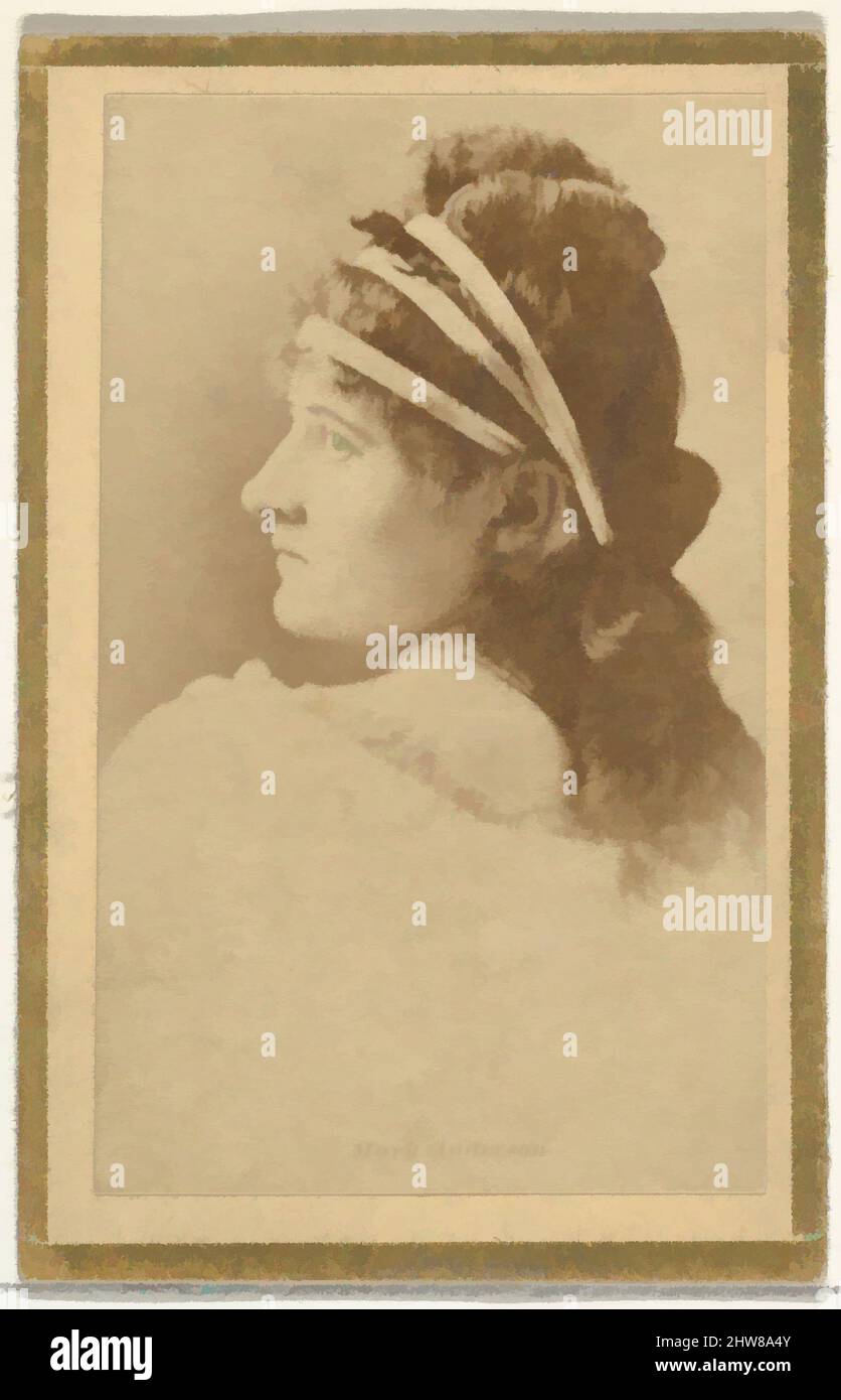 Art inspired by Mary Anderson, from the Actresses and Celebrities series (N60, Type 2) promoting Little Beauties Cigarettes for Allen & Ginter brand tobacco products, 1887, Albumen photograph, Sheet: 2 3/8 × 1 1/2 in. (6 × 3.8 cm), Trade cards from the 'Actresses and Celebrities, Classic works modernized by Artotop with a splash of modernity. Shapes, color and value, eye-catching visual impact on art. Emotions through freedom of artworks in a contemporary way. A timeless message pursuing a wildly creative new direction. Artists turning to the digital medium and creating the Artotop NFT Stock Photo