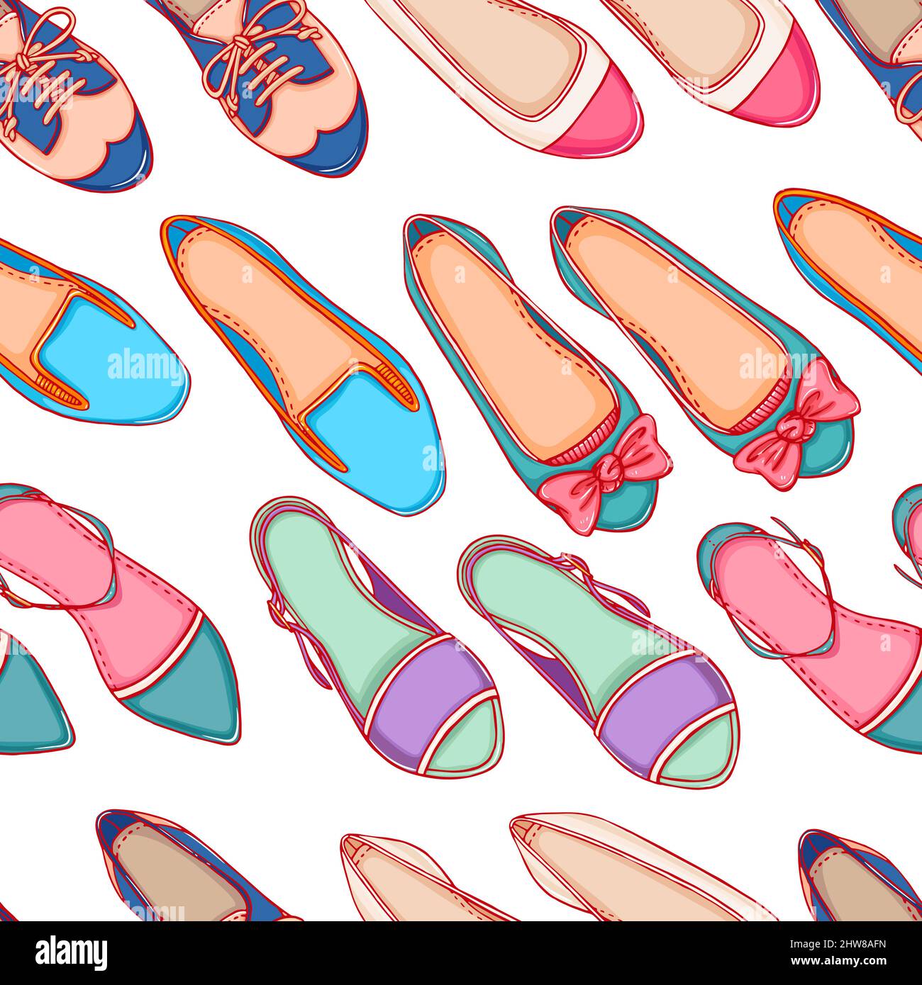 Seamless background with different colored shoes on a white background Stock Vector