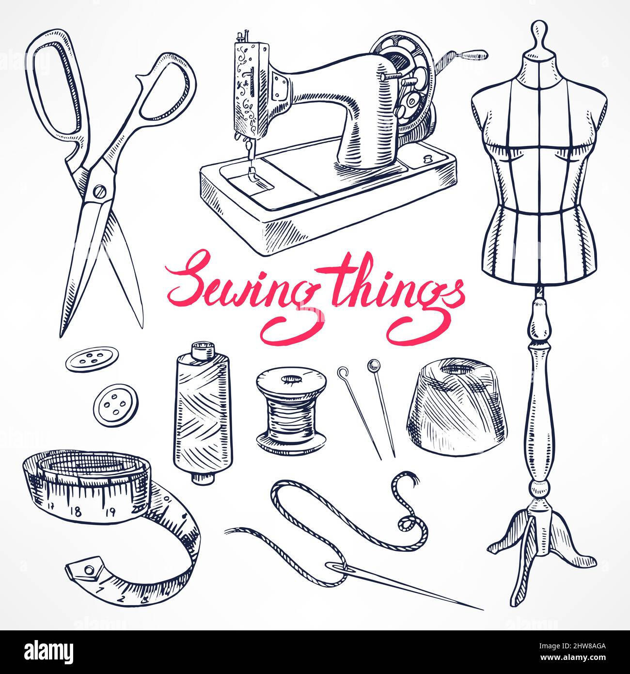 Set Of Sewing Accessories Drawings Stock Illustration - Download Image Now  - Drawing - Art Product, Coathanger, Sewing - iStock