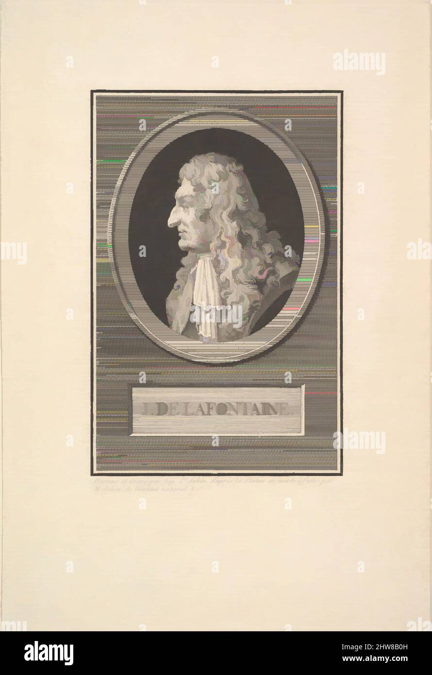 Art inspired by Portrait of Jean de la Fontaine, 1801, Etching and engraving; third state of three (Bocher), Sheet: 9 1/8 × 5 13/16 in. (23.2 × 14.7 cm), Prints, Augustin de Saint-Aubin (French, Paris 1736–1807 Paris), After M. Julien (French, Classic works modernized by Artotop with a splash of modernity. Shapes, color and value, eye-catching visual impact on art. Emotions through freedom of artworks in a contemporary way. A timeless message pursuing a wildly creative new direction. Artists turning to the digital medium and creating the Artotop NFT Stock Photo