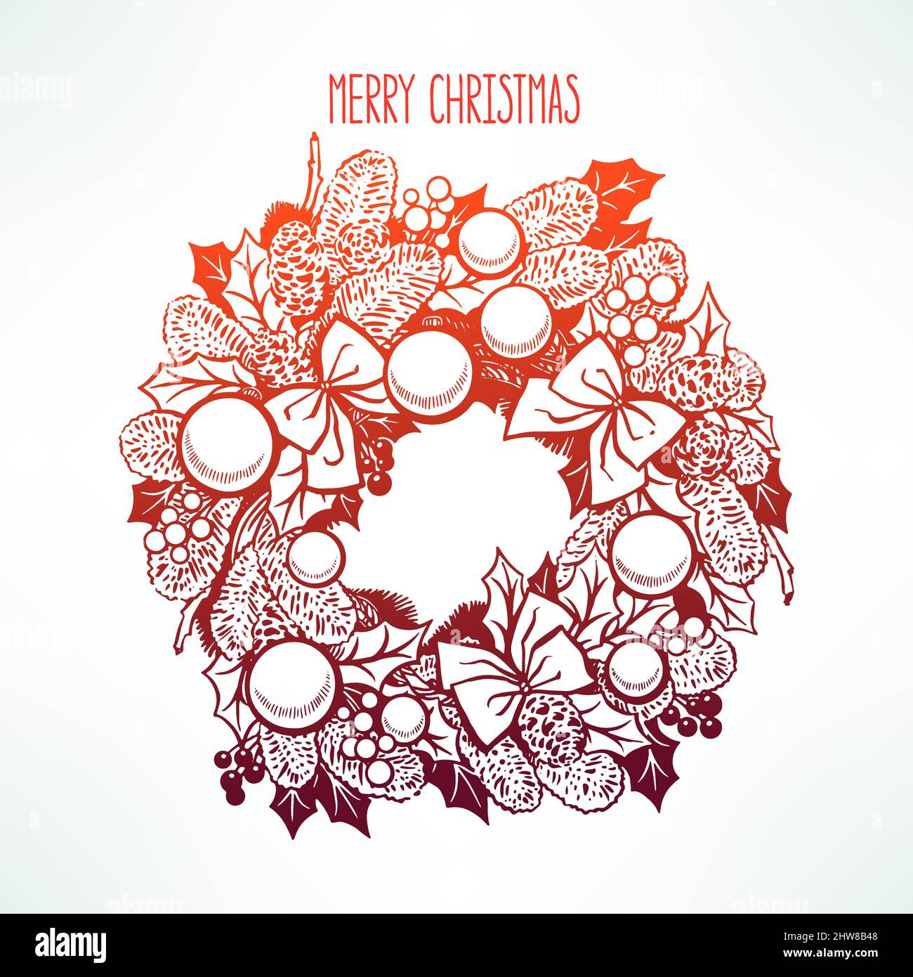 Beautiful Christmas wreath with fir branches and holly leaves. hand ...