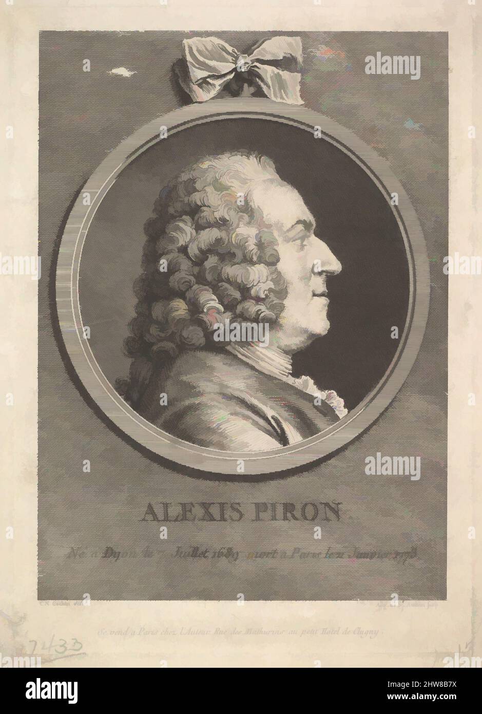 Art inspired by Portrait of Alexis Piron, 1776, Etching and engraving; fifth state of five (Bocher), Sheet: 8 3/4 × 6 9/16 in. (22.2 × 16.7 cm), Prints, Augustin de Saint-Aubin (French, Paris 1736–1807 Paris), After Charles Nicolas Cochin II (French, Paris 1715–1790 Paris, Classic works modernized by Artotop with a splash of modernity. Shapes, color and value, eye-catching visual impact on art. Emotions through freedom of artworks in a contemporary way. A timeless message pursuing a wildly creative new direction. Artists turning to the digital medium and creating the Artotop NFT Stock Photo