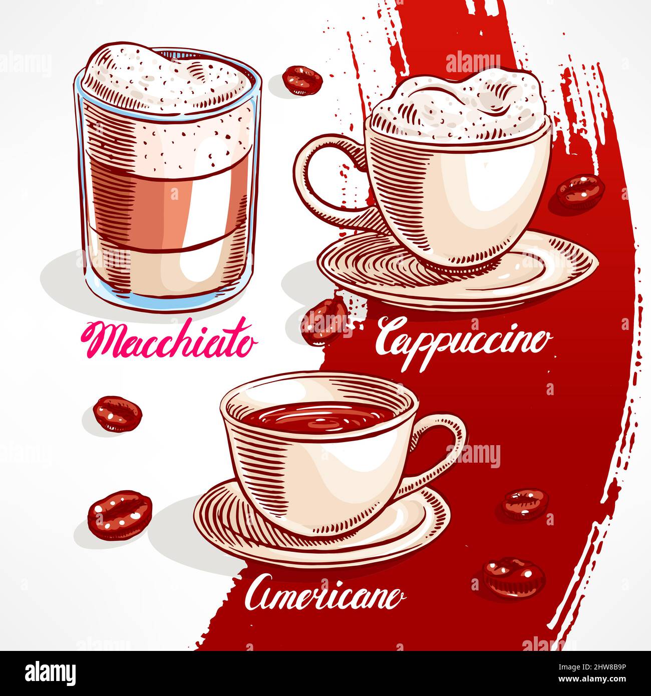 set with different types of coffee. handdrawn illustration Stock