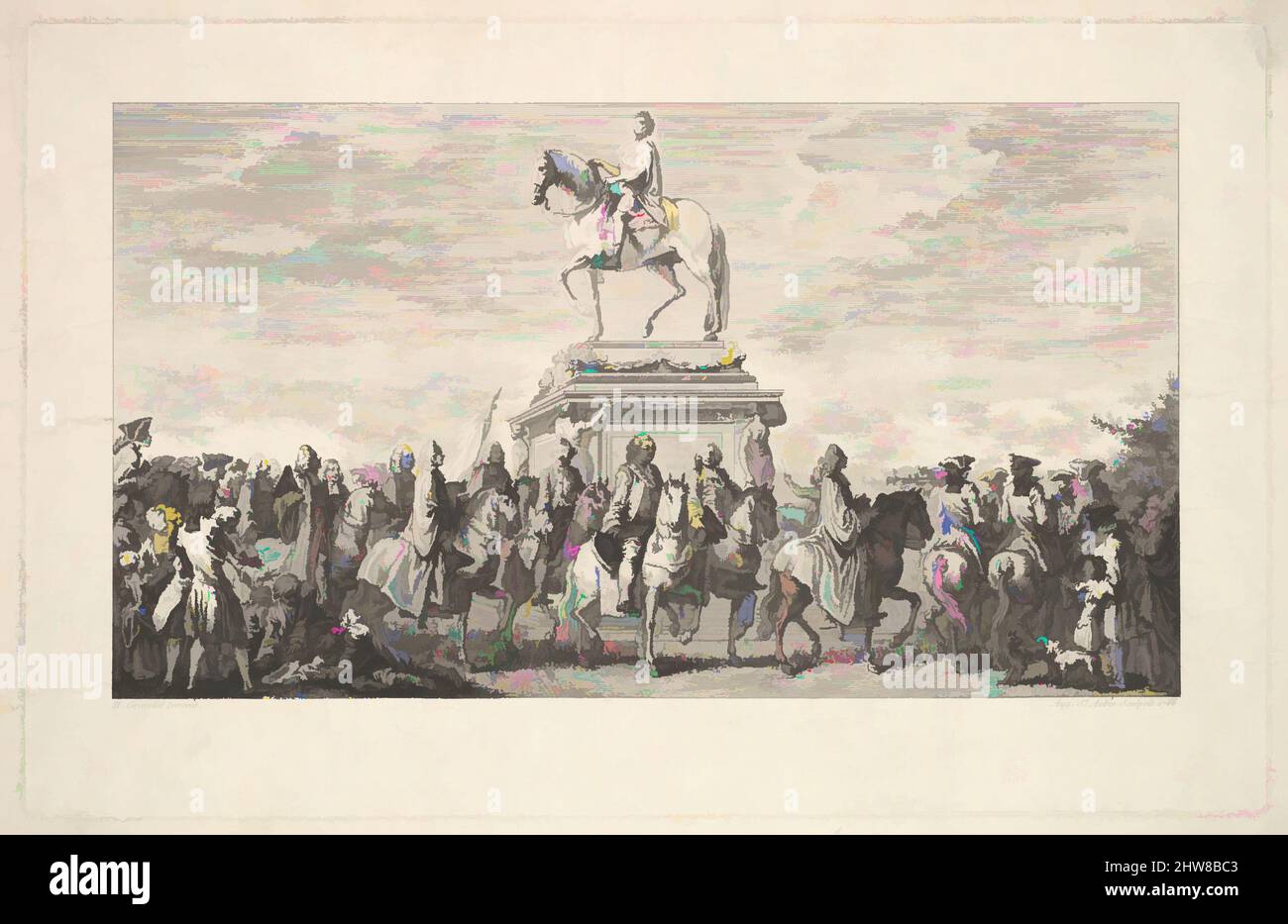 Art inspired by The Inauguration of the Statue of Louis XV, Vignette on page 1, from Description des Travaux qui ont précédé. accompagné et suivi la fonte en bronze d'un seul jet de la Statue Equèstre de Louis XV le bien-aimé dressée sur les mémoires de M. Lempereur ancien Echevin. Par, Classic works modernized by Artotop with a splash of modernity. Shapes, color and value, eye-catching visual impact on art. Emotions through freedom of artworks in a contemporary way. A timeless message pursuing a wildly creative new direction. Artists turning to the digital medium and creating the Artotop NFT Stock Photo