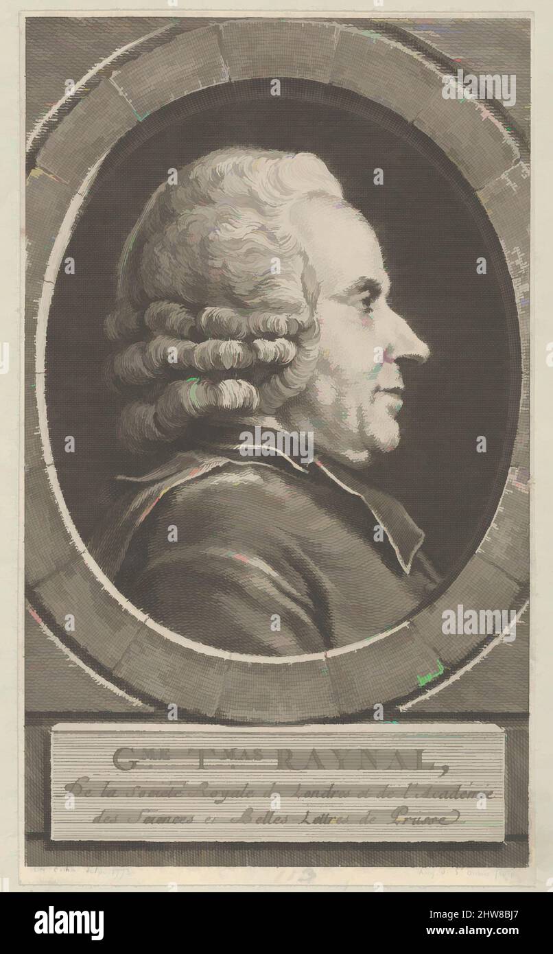 Art inspired by Portrait of Guillaume-Thomas Raynal, 1773, Etching and engraving; after second state of two (Bocher), Mount: 10 1/4 × 9 5/16 in. (26.1 × 23.7 cm), Prints, Augustin de Saint-Aubin (French, Paris 1736–1807 Paris), After Charles Nicolas Cochin II (French, Paris 1715–1790, Classic works modernized by Artotop with a splash of modernity. Shapes, color and value, eye-catching visual impact on art. Emotions through freedom of artworks in a contemporary way. A timeless message pursuing a wildly creative new direction. Artists turning to the digital medium and creating the Artotop NFT Stock Photo