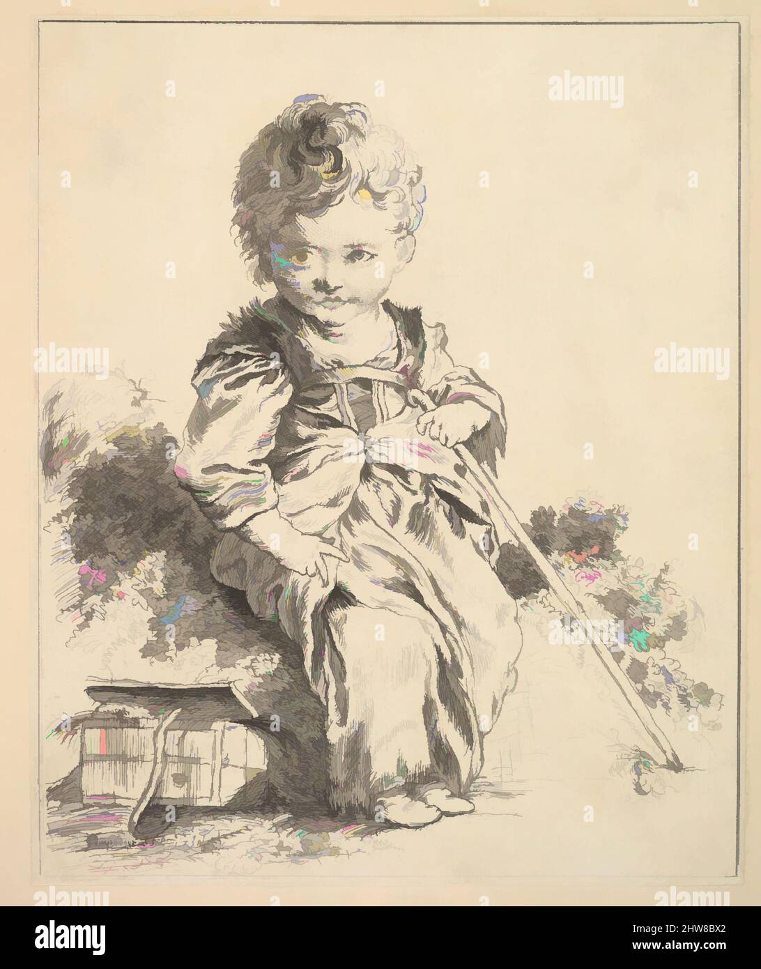 Art inspired by Un enfant assis sur une motte de terre (An enfant seated on a clod of earth), after Le Petit Savoyard by François Boucher, from Suite d'estampes gravées par madame la marquise de Pompadour d'après les pierres gravées de Guay, graveur du Roi, 1751, Etching and engraving, Classic works modernized by Artotop with a splash of modernity. Shapes, color and value, eye-catching visual impact on art. Emotions through freedom of artworks in a contemporary way. A timeless message pursuing a wildly creative new direction. Artists turning to the digital medium and creating the Artotop NFT Stock Photo