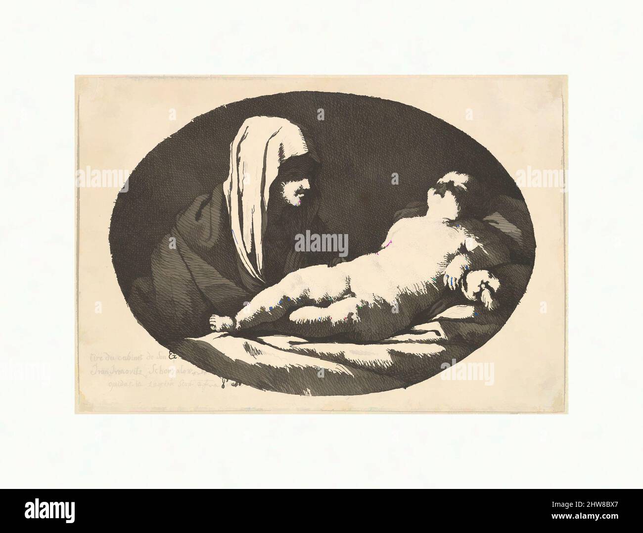 Art inspired by The Virgin at left watching the infant Christ as he sleeps, an oval composition, after Reni, 1760–63, Etching, Sheet (Trimmed): 4 3/16 × 6 1/16 in. (10.6 × 15.4 cm), Prints, Jean Jacques Lagrenée (French, Paris 1739–1821 Paris), After Guido Reni (Italian, Bologna 1575–, Classic works modernized by Artotop with a splash of modernity. Shapes, color and value, eye-catching visual impact on art. Emotions through freedom of artworks in a contemporary way. A timeless message pursuing a wildly creative new direction. Artists turning to the digital medium and creating the Artotop NFT Stock Photo