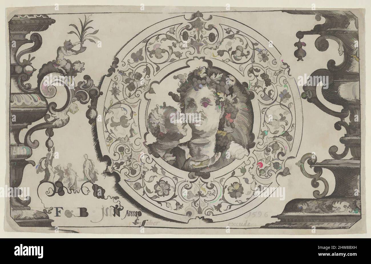 Art inspired by Horizontal Panel with Bacchus in a Medallion, after 1596, Engraving, Sheet: 3 1/4 × 5 3/16 in. (8.2 × 13.1 cm), Claes Jansz. Visscher (Dutch, Amsterdam 1586–1652 Amsterdam), after Floris Balthasarsz van Berckenrode (Delft ca. 1562–1616 Delft, Classic works modernized by Artotop with a splash of modernity. Shapes, color and value, eye-catching visual impact on art. Emotions through freedom of artworks in a contemporary way. A timeless message pursuing a wildly creative new direction. Artists turning to the digital medium and creating the Artotop NFT Stock Photo