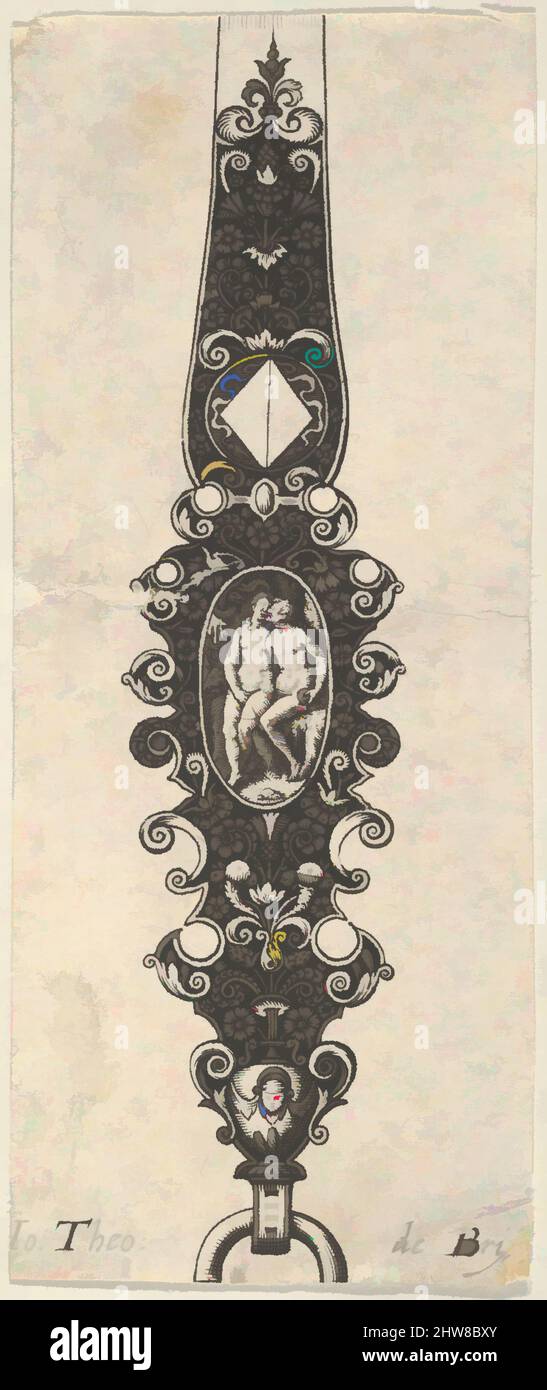 Art inspired by Pendant Design with Adam and Eve, from Des Pendants de Cleffs pour les Femmes, 1580–1600, Engraving and blackwork, Sheet: 3 11/16 × 1 1/2 in. (9.3 × 3.8 cm), Johann Theodor de Bry (Netherlandish, Strasbourg 1561–1623 Bad Schwalbach), Ornamental pendant design with Adam, Classic works modernized by Artotop with a splash of modernity. Shapes, color and value, eye-catching visual impact on art. Emotions through freedom of artworks in a contemporary way. A timeless message pursuing a wildly creative new direction. Artists turning to the digital medium and creating the Artotop NFT Stock Photo