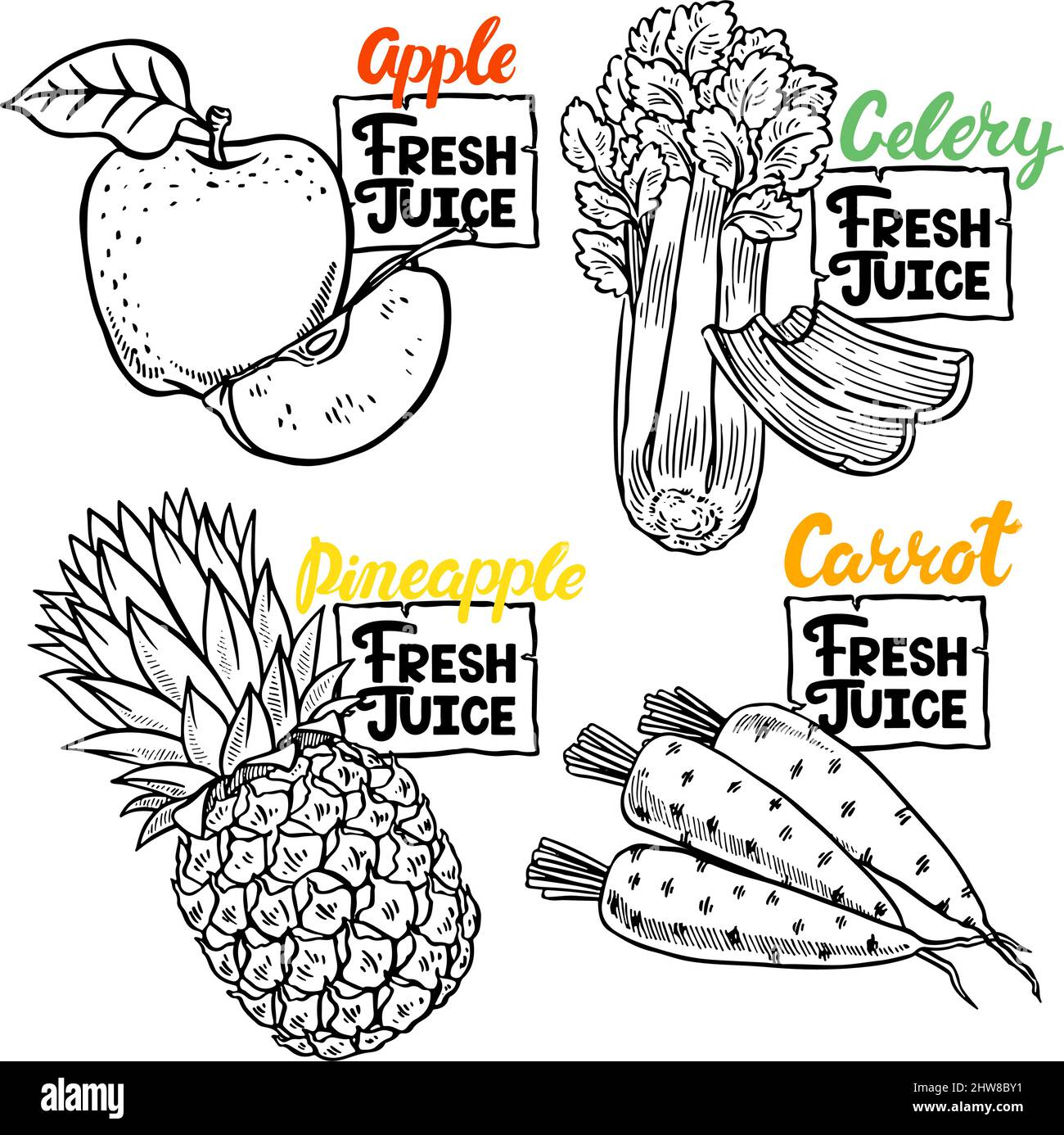 Fresh Juice. beautiful set of sketch vegetables and fruits. hand-drawn illustration Stock Vector