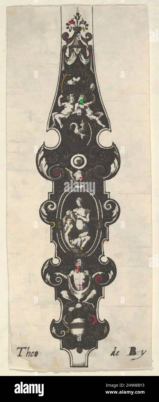 Art inspired by Pendant Design with Cimon and Pero, from Des Pendants de Cleffs pour les Femmes, 1580–1600, Engraving and blackwork, Sheet: 3 1/2 × 1 3/8 in. (8.9 × 3.5 cm), Johann Theodor de Bry (Netherlandish, Strasbourg 1561–1623 Bad Schwalbach), Ornamental pendant design with Pero, Classic works modernized by Artotop with a splash of modernity. Shapes, color and value, eye-catching visual impact on art. Emotions through freedom of artworks in a contemporary way. A timeless message pursuing a wildly creative new direction. Artists turning to the digital medium and creating the Artotop NFT Stock Photo