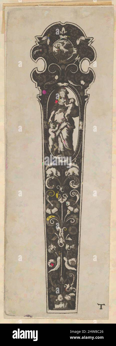 Art inspired by Design for a Knife Handle with the Personification of Charity, 1580–1600, Engraving and blackwork, Sheet: 3 5/8 × 1 1/4 in. (9.2 × 3.2 cm), attributed to Johann Theodor de Bry (Netherlandish, Strasbourg 1561–1623 Bad Schwalbach), Design for a knife handle with Charity, Classic works modernized by Artotop with a splash of modernity. Shapes, color and value, eye-catching visual impact on art. Emotions through freedom of artworks in a contemporary way. A timeless message pursuing a wildly creative new direction. Artists turning to the digital medium and creating the Artotop NFT Stock Photo