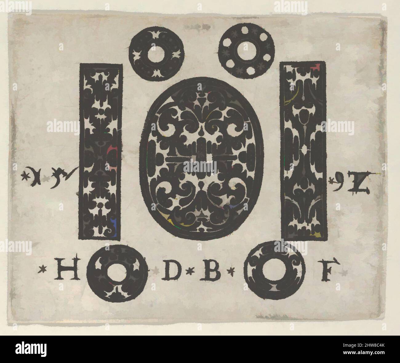 Art inspired by Blackwork Print with Two Vertical Panels Flanking an Oval at Center with Four Small Circles, 1592, Blackwork engraving, Sheet: 1 13/16 × 2 5/16 in. (4.6 × 5.8 cm), Hans de Bull (German, active 1592–1604), Small blackwork print with an oval at center with symmetrical, Classic works modernized by Artotop with a splash of modernity. Shapes, color and value, eye-catching visual impact on art. Emotions through freedom of artworks in a contemporary way. A timeless message pursuing a wildly creative new direction. Artists turning to the digital medium and creating the Artotop NFT Stock Photo