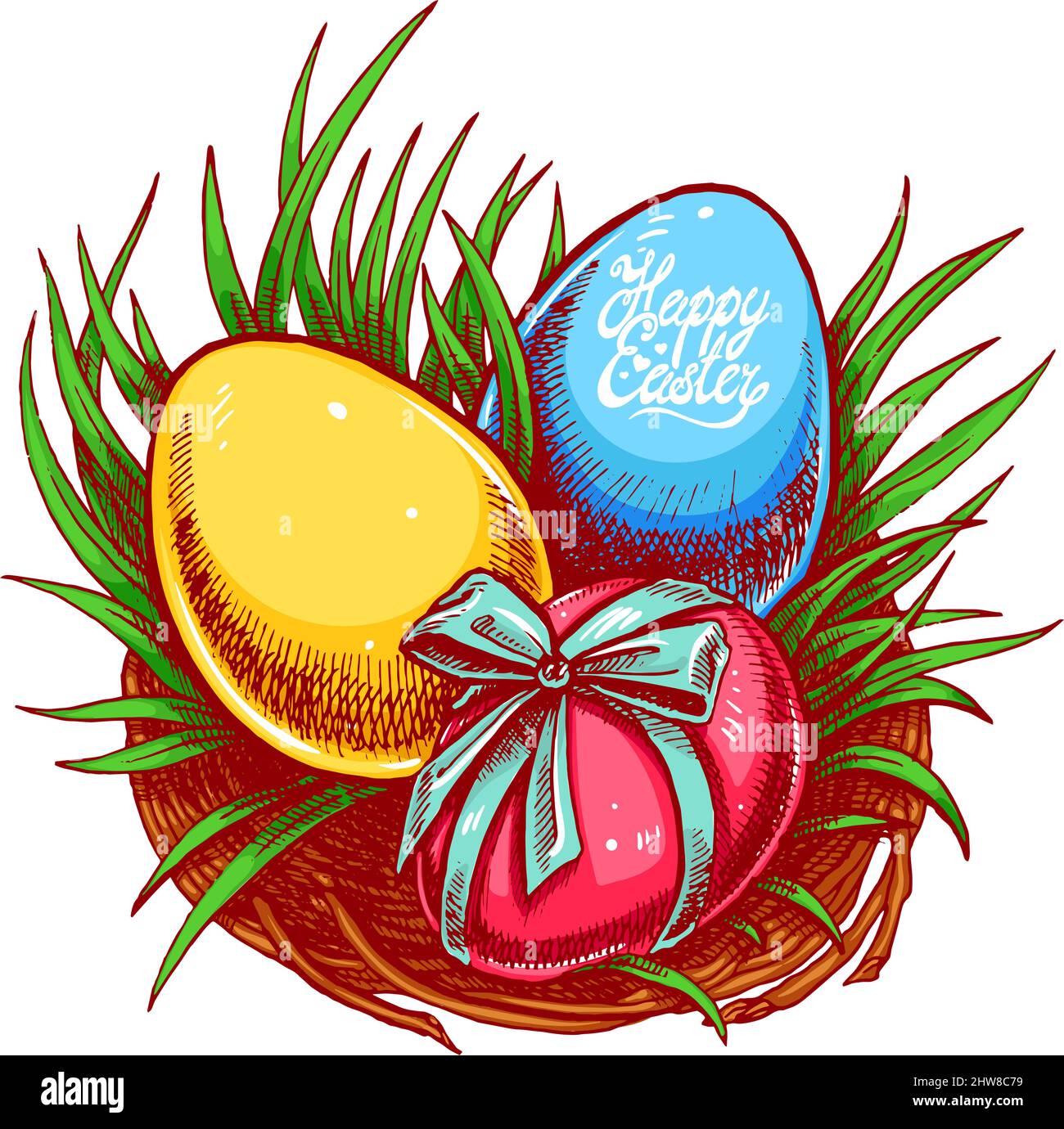 Happy Easter. Cute easter nest with three different color eggs. Hand-drawn illustration. Stock Vector