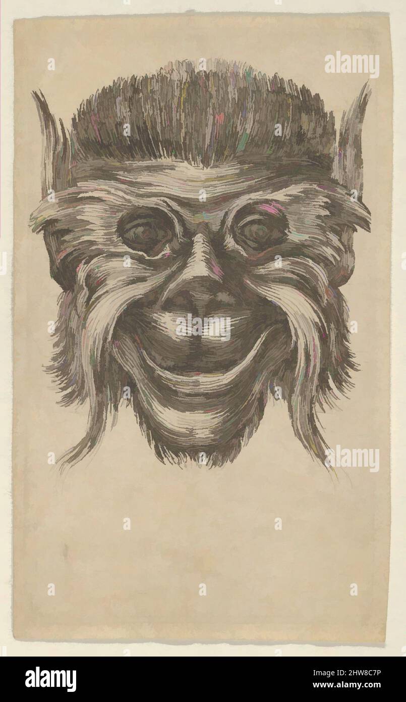 Art inspired by Monkey Mask, from Divers Masques, ca. 1635–45, Etching, Sheet: 2 5/8 × 1 9/16 in. (6.7 × 4 cm), François Chauveau (French, Paris 1613–1676 Paris), From a series of nineteen plates with grotesque masks dedicated to Jean de Leins, goldsmith to the Queen of England and, Classic works modernized by Artotop with a splash of modernity. Shapes, color and value, eye-catching visual impact on art. Emotions through freedom of artworks in a contemporary way. A timeless message pursuing a wildly creative new direction. Artists turning to the digital medium and creating the Artotop NFT Stock Photo