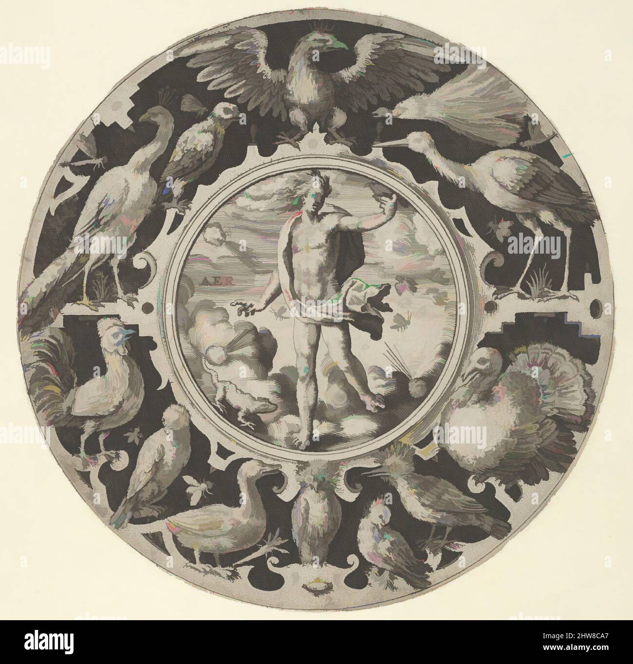 Art inspired by Aer' in a Decorative Border with Birds, from a Series of Circular Designs with the Four Elements, 1590–1612, Engraving, Sheet: 4 7/8 × 4 15/16 in. (12.4 × 12.5 cm), Crispijn de Passe the Elder (Netherlandish, Arnemuiden 1564–1637 Utrecht), Design for a circular plate, Classic works modernized by Artotop with a splash of modernity. Shapes, color and value, eye-catching visual impact on art. Emotions through freedom of artworks in a contemporary way. A timeless message pursuing a wildly creative new direction. Artists turning to the digital medium and creating the Artotop NFT Stock Photo