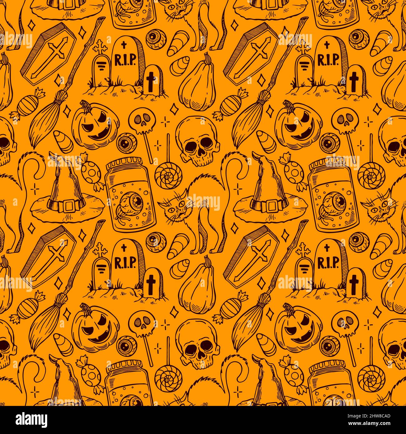 cute seamless Halloween pattern of magical attributes and candies. hand-drawn illustration Stock Vector