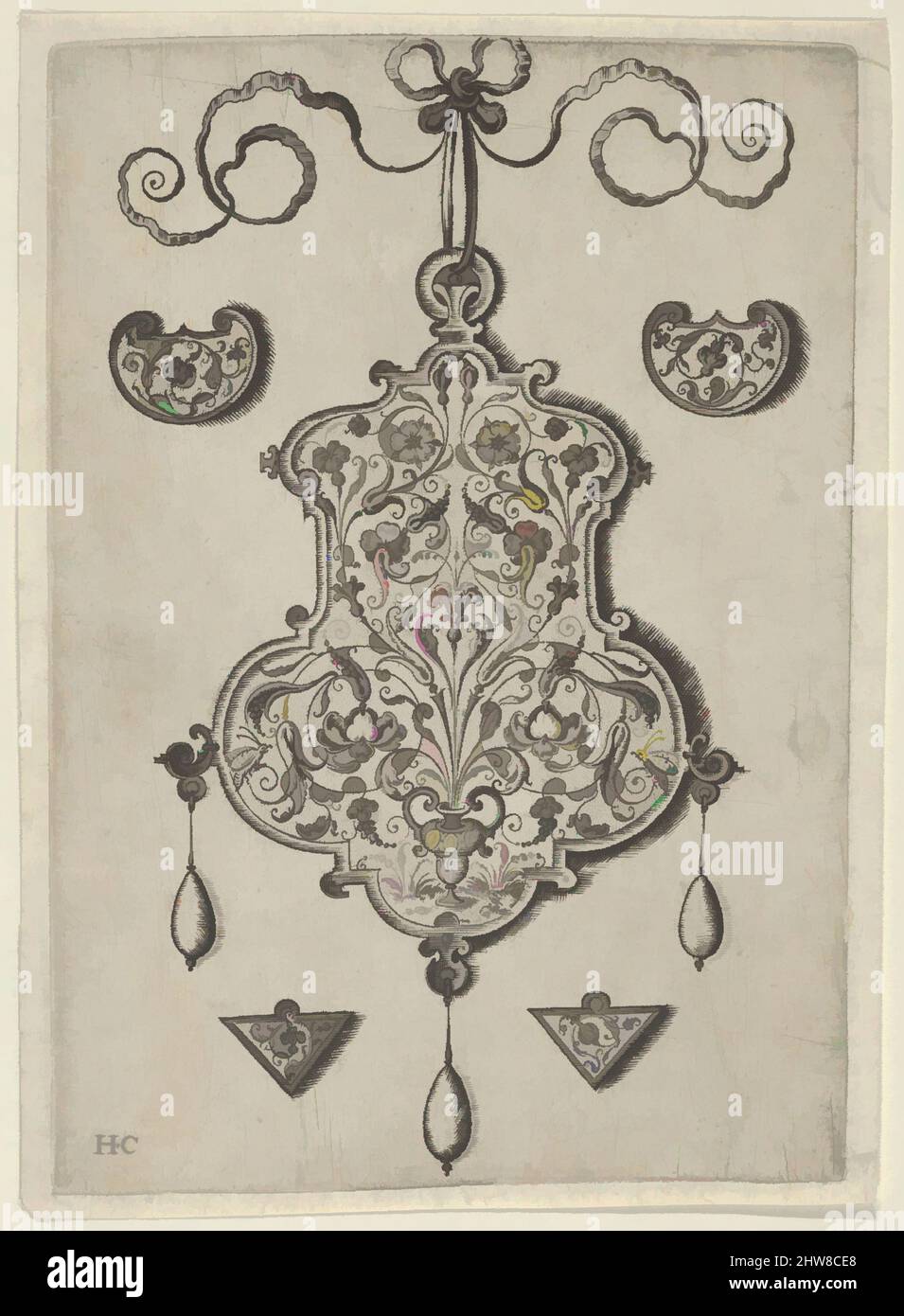Art inspired by Design for the Verso of a Pendant with a Flower-Piece at Bottom Center, before 1573, Engraving; first state of two (New Hollstein), Sheet: 5 3/4 × 3 7/8 in. (14.6 × 9.8 cm), Jan Collaert I (Netherlandish, Antwerp ca. 1530–1581 Antwerp), Vertical panel with the design, Classic works modernized by Artotop with a splash of modernity. Shapes, color and value, eye-catching visual impact on art. Emotions through freedom of artworks in a contemporary way. A timeless message pursuing a wildly creative new direction. Artists turning to the digital medium and creating the Artotop NFT Stock Photo