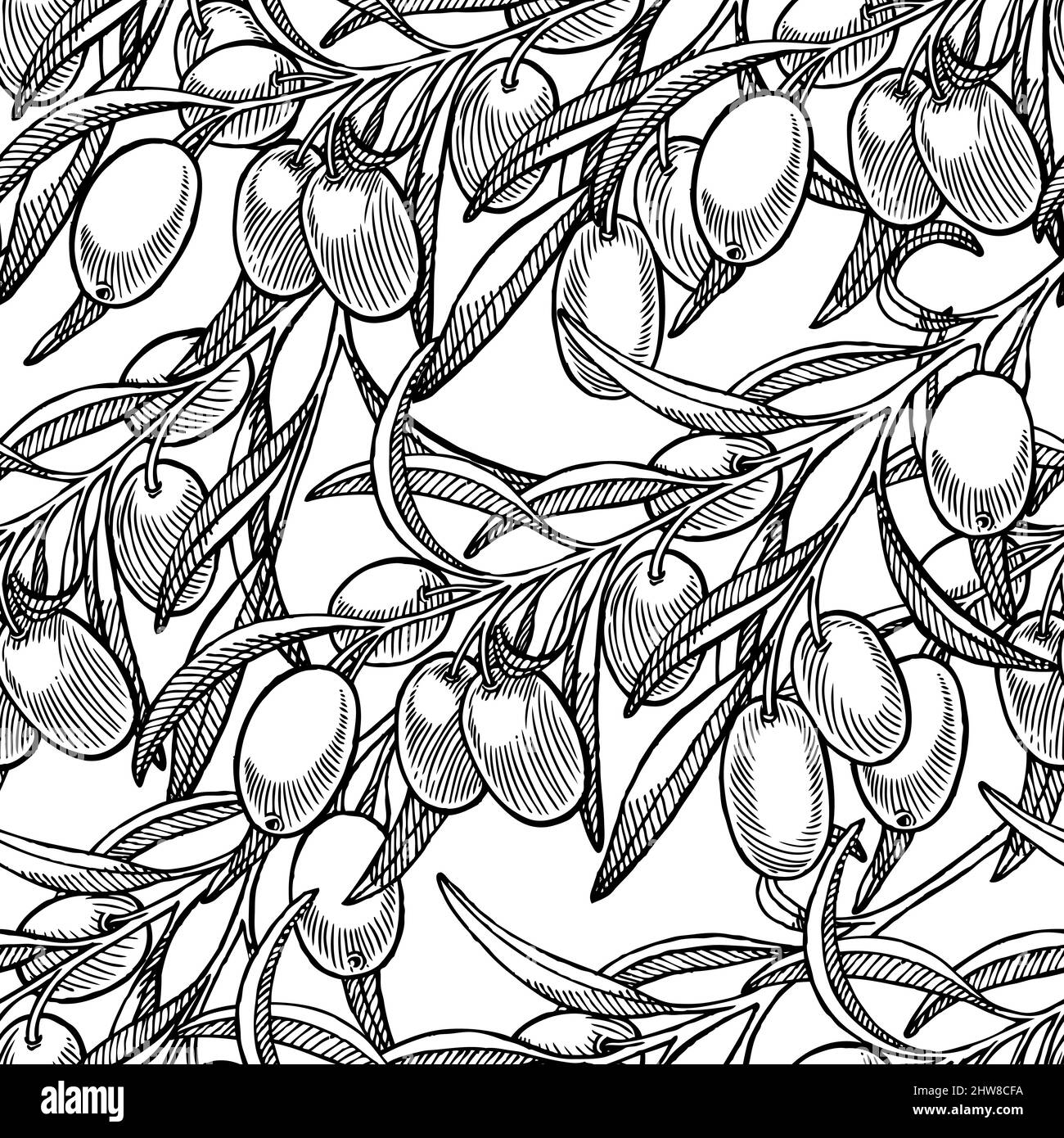 Beautiful seamless background of black olive hand-drawn branches Stock Vector