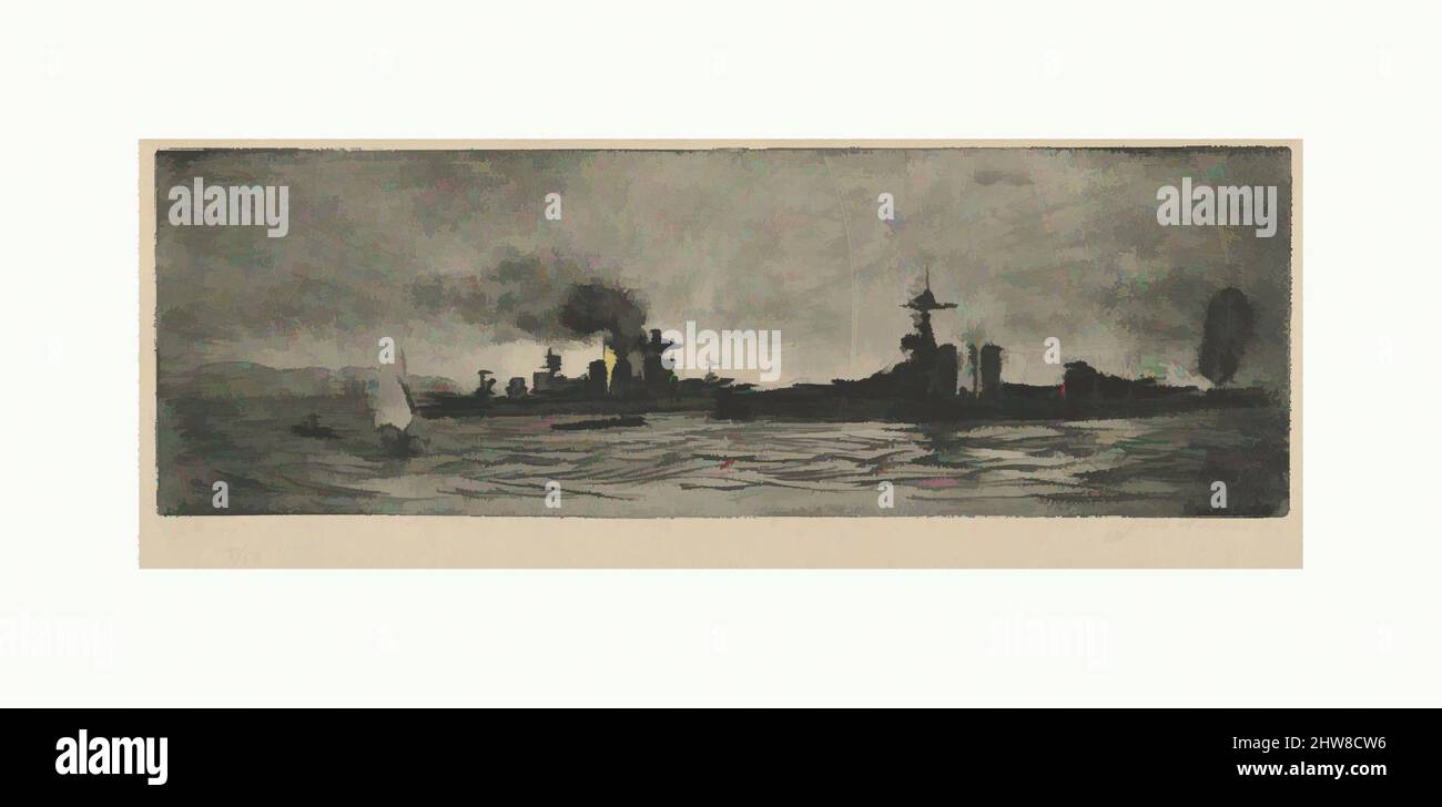 Art inspired by Warships at Scapa, early 20th century, Etching, Plate: 3 15/16 × 12 3/8 in. (10 × 31.4 cm), Prints, Clifford Addams (American, Woodbury, New Jersey 1876–1942, Classic works modernized by Artotop with a splash of modernity. Shapes, color and value, eye-catching visual impact on art. Emotions through freedom of artworks in a contemporary way. A timeless message pursuing a wildly creative new direction. Artists turning to the digital medium and creating the Artotop NFT Stock Photo