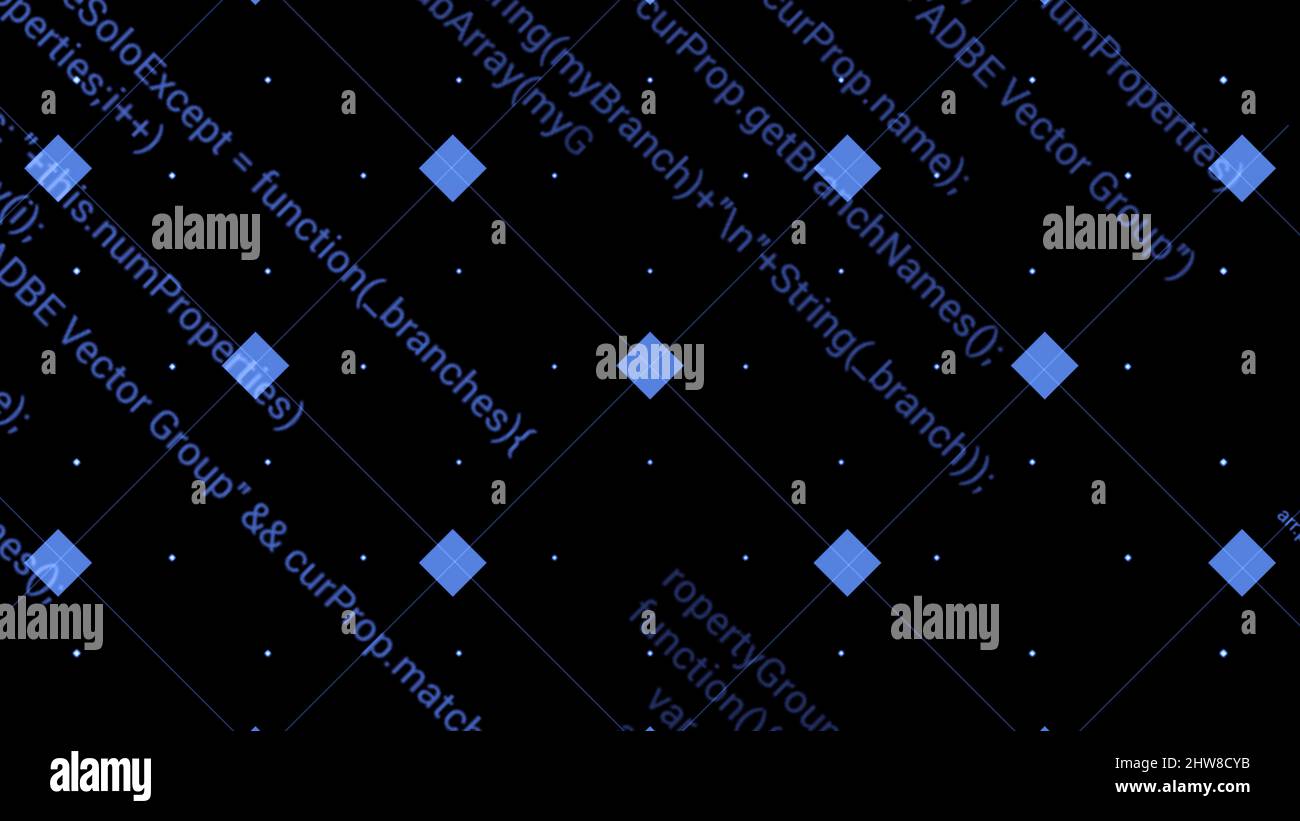 Dizzying program background. Motion. Grid with squares and appearing program codes. Colored program codes on grid are spinning on black background. Stock Photo