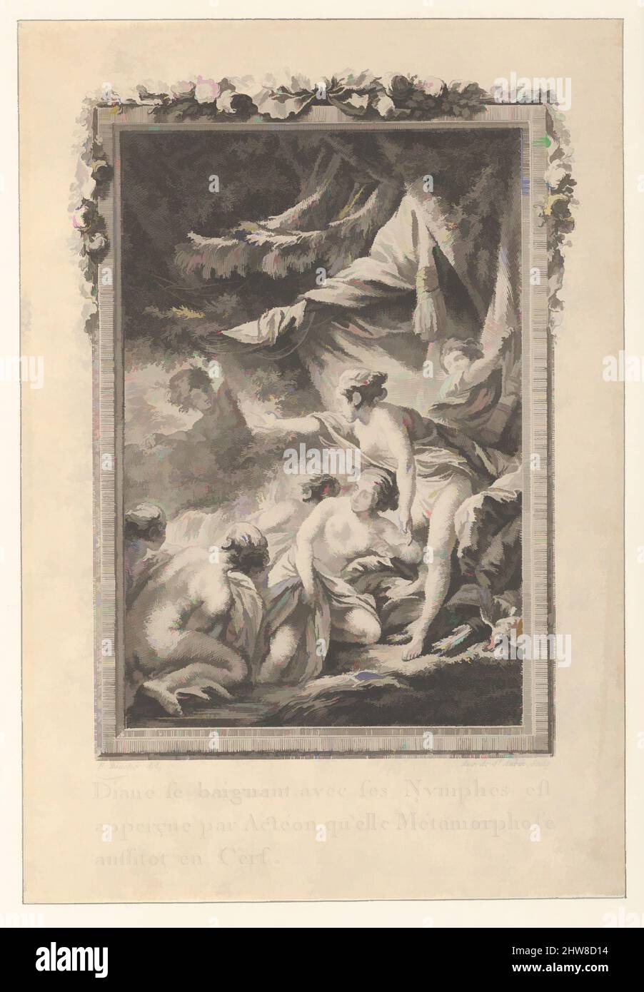 Art inspired by Vignette (Tome 1.er, page 200, lib. III, fab. 3), depicting Diana Turning Actaeon into a Stag, from Les Métamorphoses d'Ovide en Latin et en François de la traduction de M. l'Abbé Banier de l'Académie Royale des Inscriptions et Belles-Lettres. Avec des explications, Classic works modernized by Artotop with a splash of modernity. Shapes, color and value, eye-catching visual impact on art. Emotions through freedom of artworks in a contemporary way. A timeless message pursuing a wildly creative new direction. Artists turning to the digital medium and creating the Artotop NFT Stock Photo